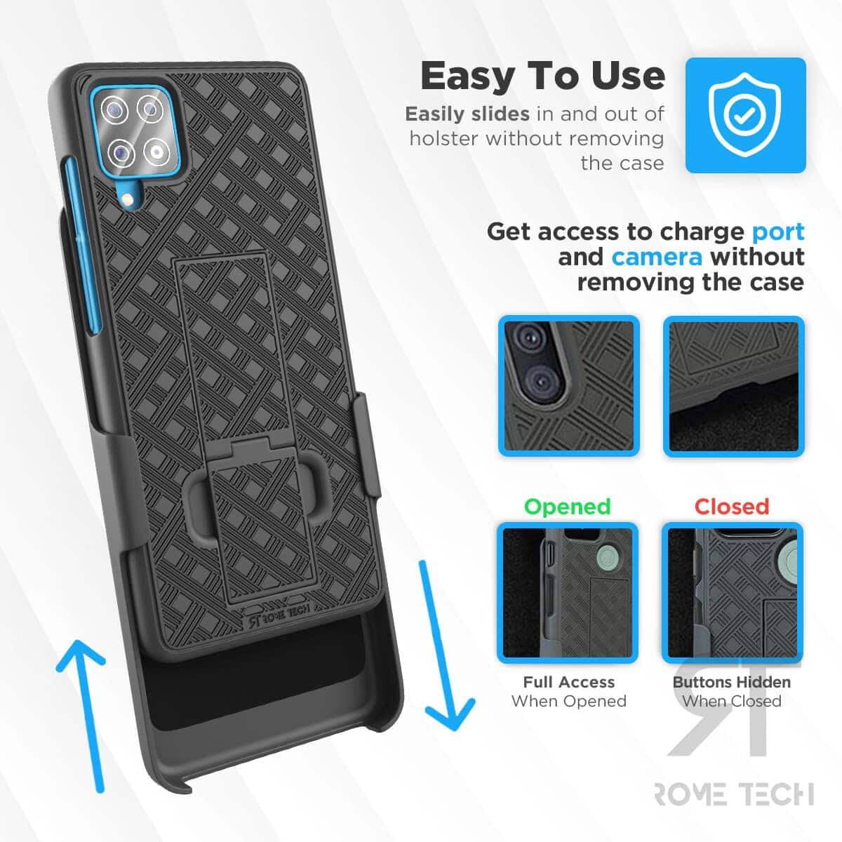 Easy To Use  
Easily slides in and out of holster without removing the case  
Get access to charge port and camera without removing the case  

Opened  
Full Access  
When Opened  

Closed  
Buttons Hidden  
When Closed  

ROME TECH