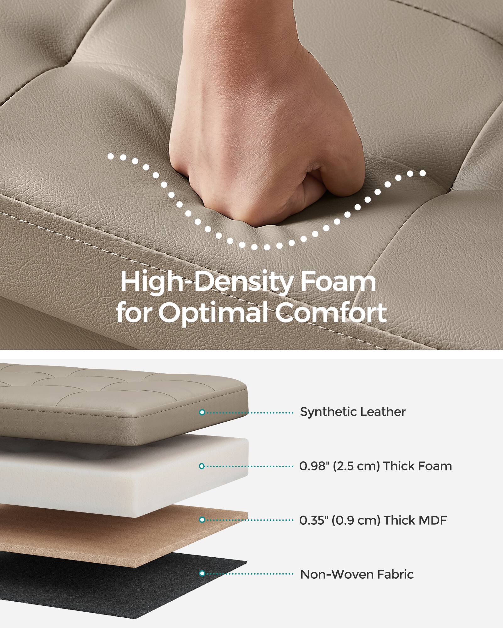 High-Density Foam for Optimal Comfort

- Synthetic Leather
- 0.98" (2.5 cm) Thick Foam
- 0.35" (0.9 cm) Thick MDF
- Non-Woven Fabric