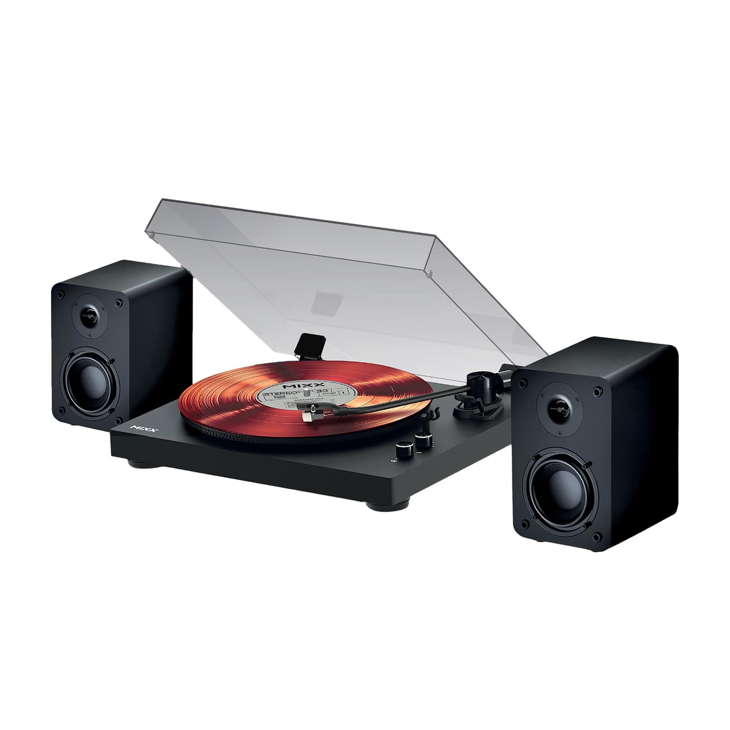 Mixx - 50-Watt Analog 5 2-Speed Belt-Drive Manual Record Player, External Wireless Speakers, Bluetooth, 45-RPM Adapter, Remote - Black