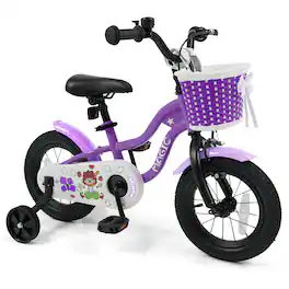 Costway - 12" Kids Bike with Training Wheels, Basket, Hand & Coaster Brakes, Adjustable Seat - Purple