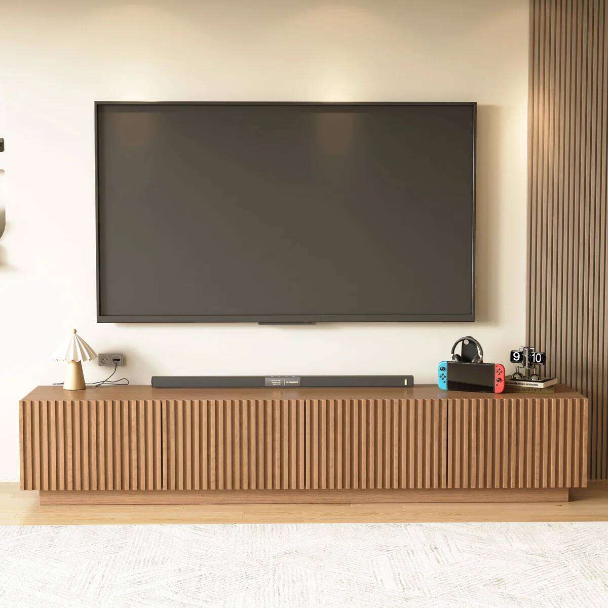 Alt View 3. luck idea - Vertical Fluted Walnut TV Stand, 4-Door Media Console with Removable Shelves & Cable Holes, for TVs up to 100 inch - Brown.