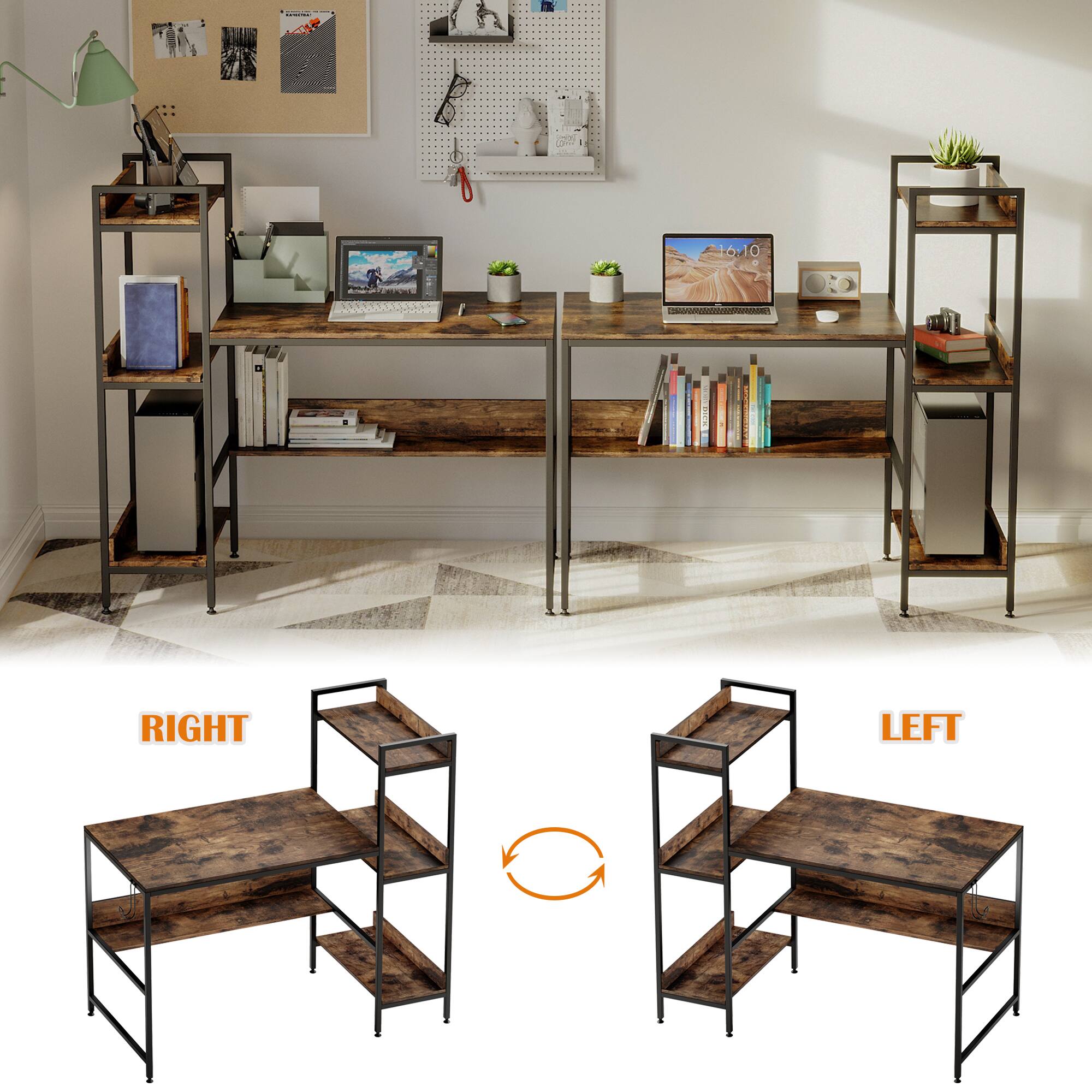The image shows a desk with a laptop, books, and a potted plant. The desk has a shelf on the left and a shelf on the right. The laptop is placed on the left side of the desk, and the books are arranged on the right side. The potted plant is positioned at the top left corner of the desk. The image also includes a chair, which is located in the middle of the desk.