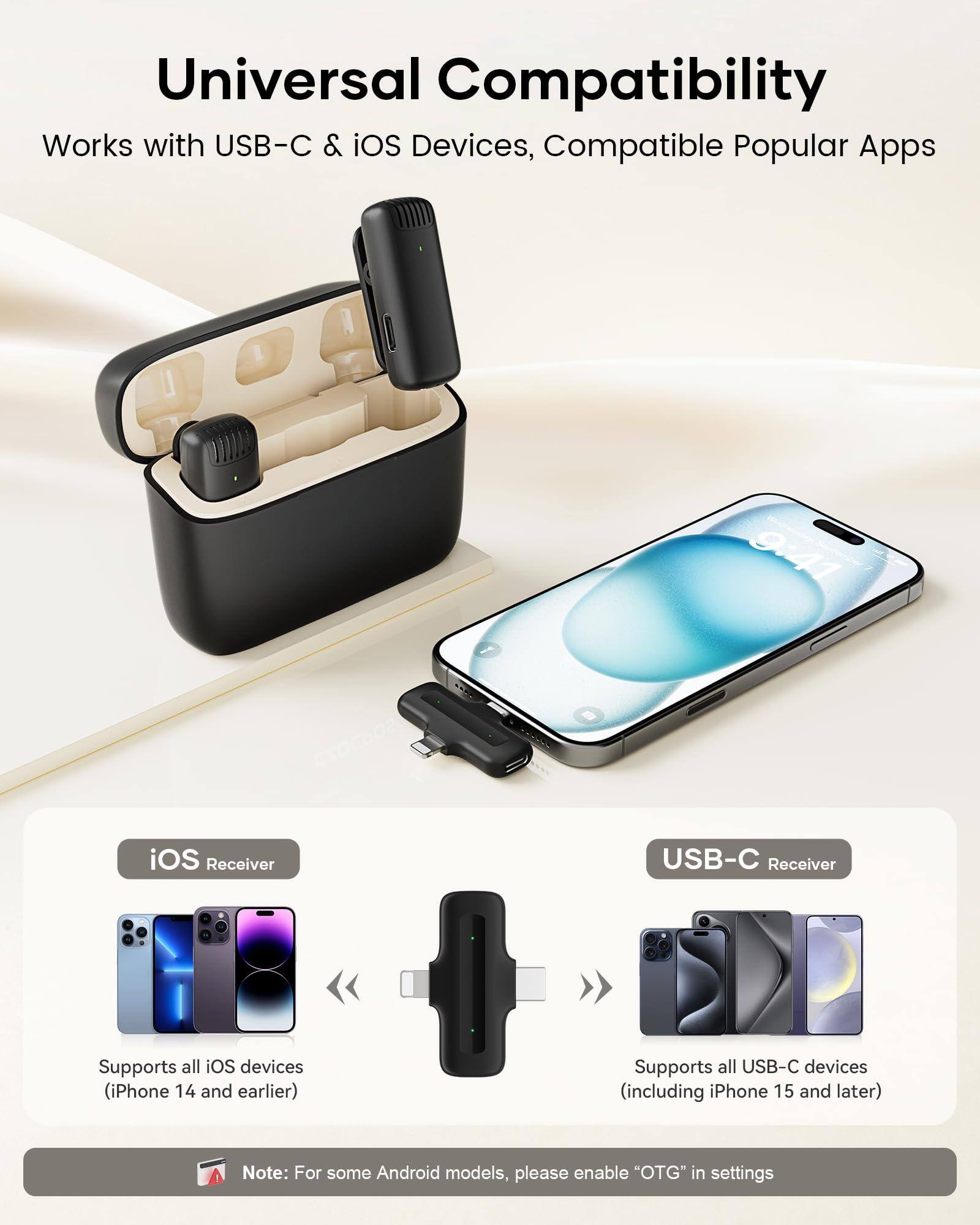 Universal Compatibility  
Works with USB-C & iOS Devices, Compatible Popular Apps  

iOS Receiver  
Supports all iOS devices (iPhone 14 and earlier)  

USB-C Receiver  
Supports all USB-C devices (including iPhone 15 and later)  

Note: For some Android models, please enable "OTG" in settings