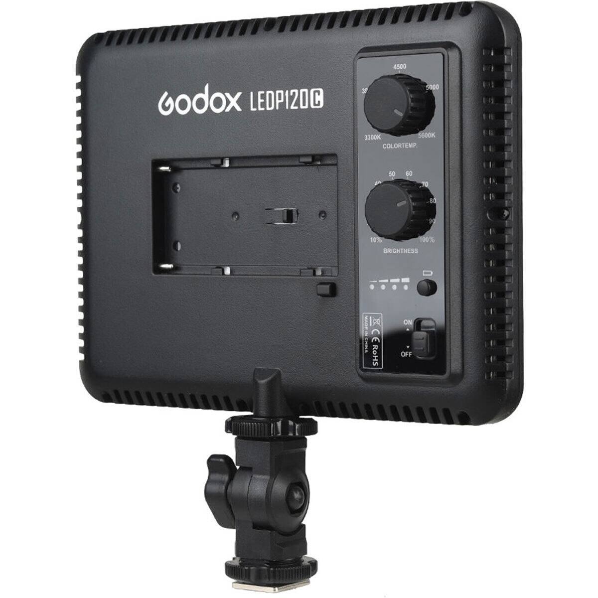 Godox LEDP120C  
4500 5000  
3300K 5600K COLORTEMP  
50 60 TO 80 9 10% 100% BRIGHTNESS  
MADE IN CHINA  
CE RoHS  
ON OFF