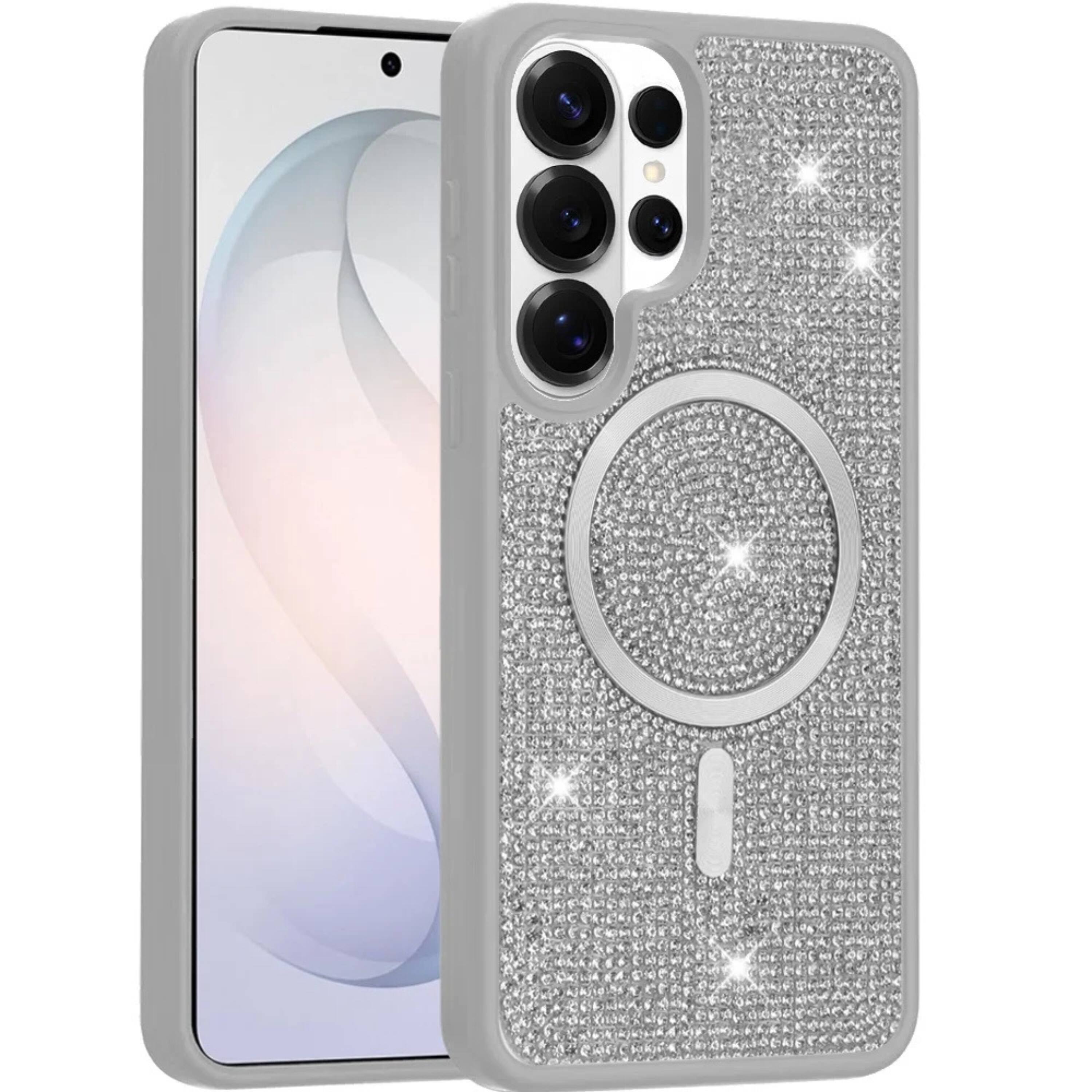Left. Kitcheniva - Full Bling Dazzle Magnetic Circle Phone Case With Tempered Glass For Samsung Galaxy S26 Ultra White - White.