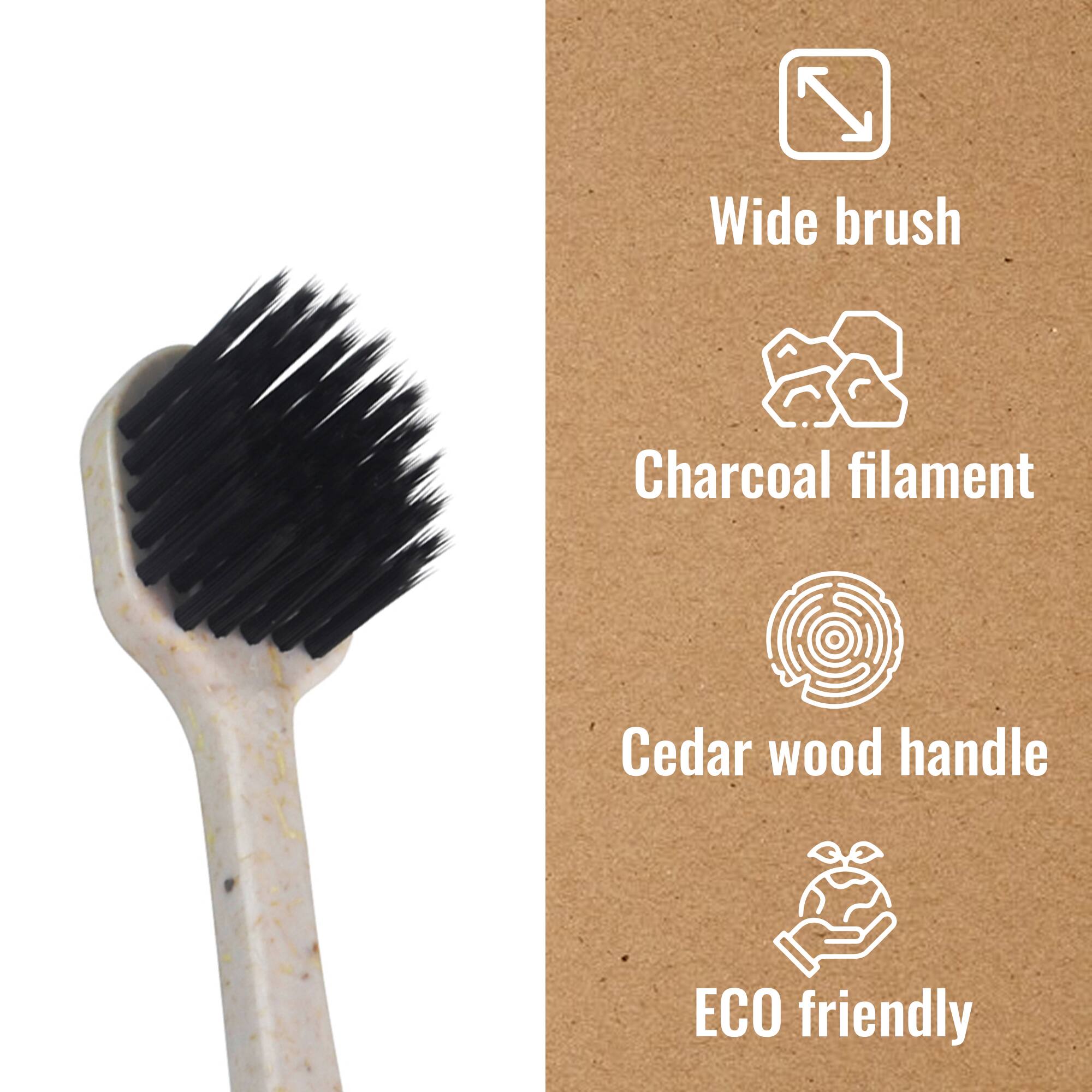 - Wide brush
- Charcoal filament
- Cedar wood handle
- ECO friendly