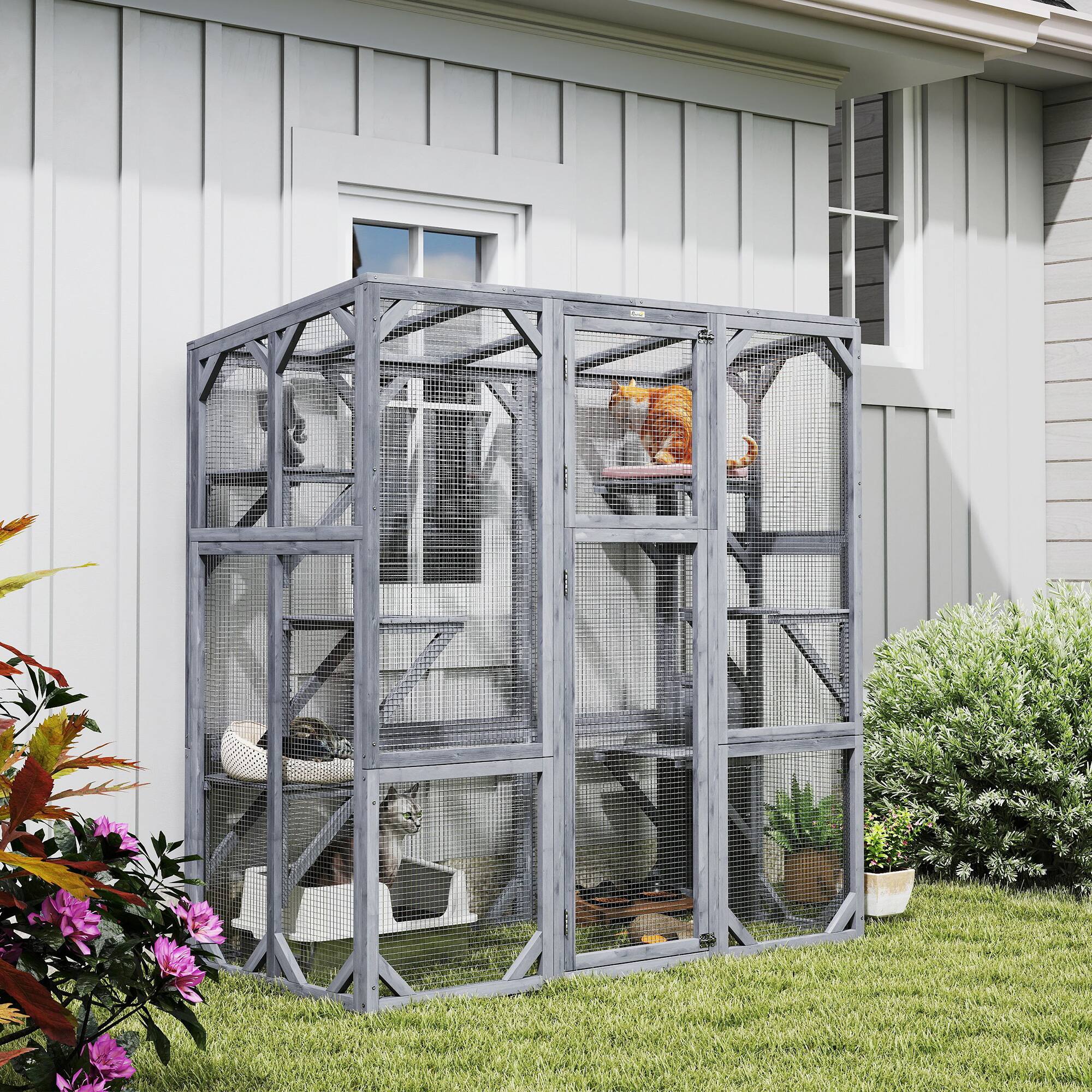 Angle. Pawhut - Catio Outdoor Enclosure, Large Wooden House, 6 Jumping Platforms, Weatherproof Roof, for 1-3 Cats, 59"x28"x60".