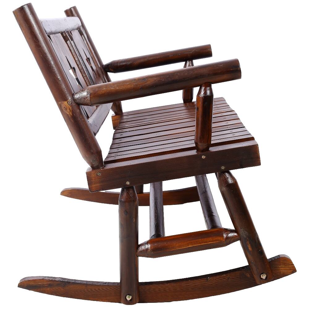 Left. Loheer - Loheer Outdoor Wood Rocking Bench, Carbonized Double Rocking Chair, Rustic Brown Porch Rocker - Rustic Brown.