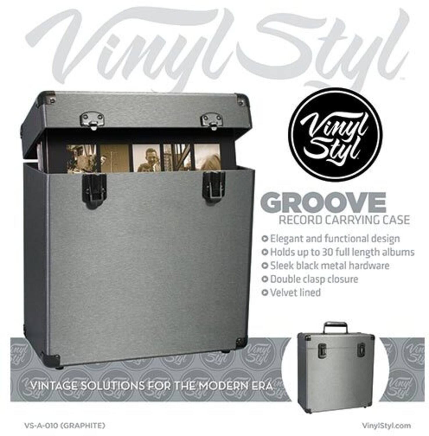 Vinyl Styl

GROOVE RECORD CARRYING CASE

- Elegant and functional design
- Holds up to 30 full length albums
- Sleek black metal hardware
- Double clasp closure
- Velvet lined

VINTAGE SOLUTIONS FOR THE MODERN ERA

VS-A-010 (GRAPHITE)

VinylStyl.com