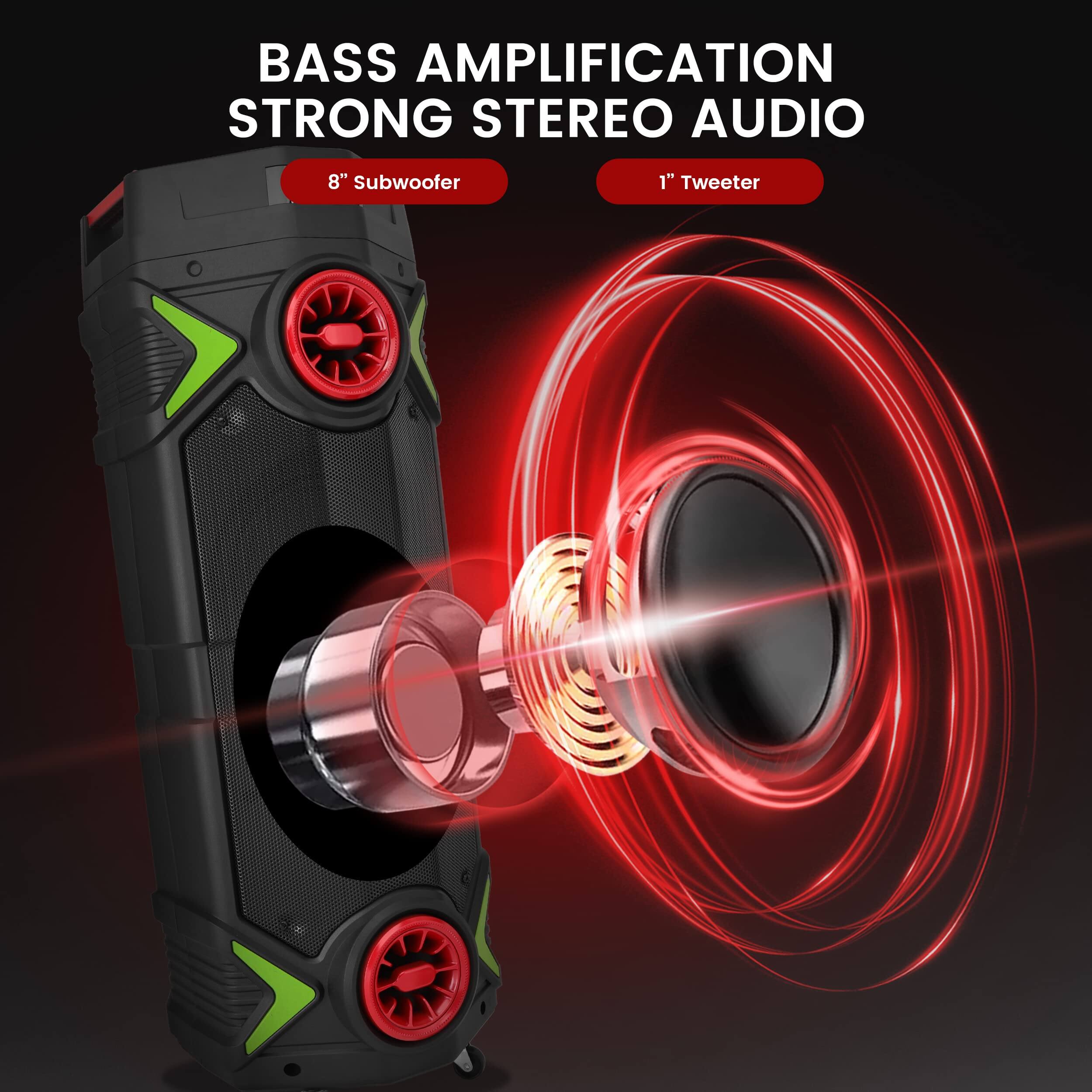 BASS AMPLIFICATION  
STRONG STEREO AUDIO  
8" Subwoofer  
1" Tweeter