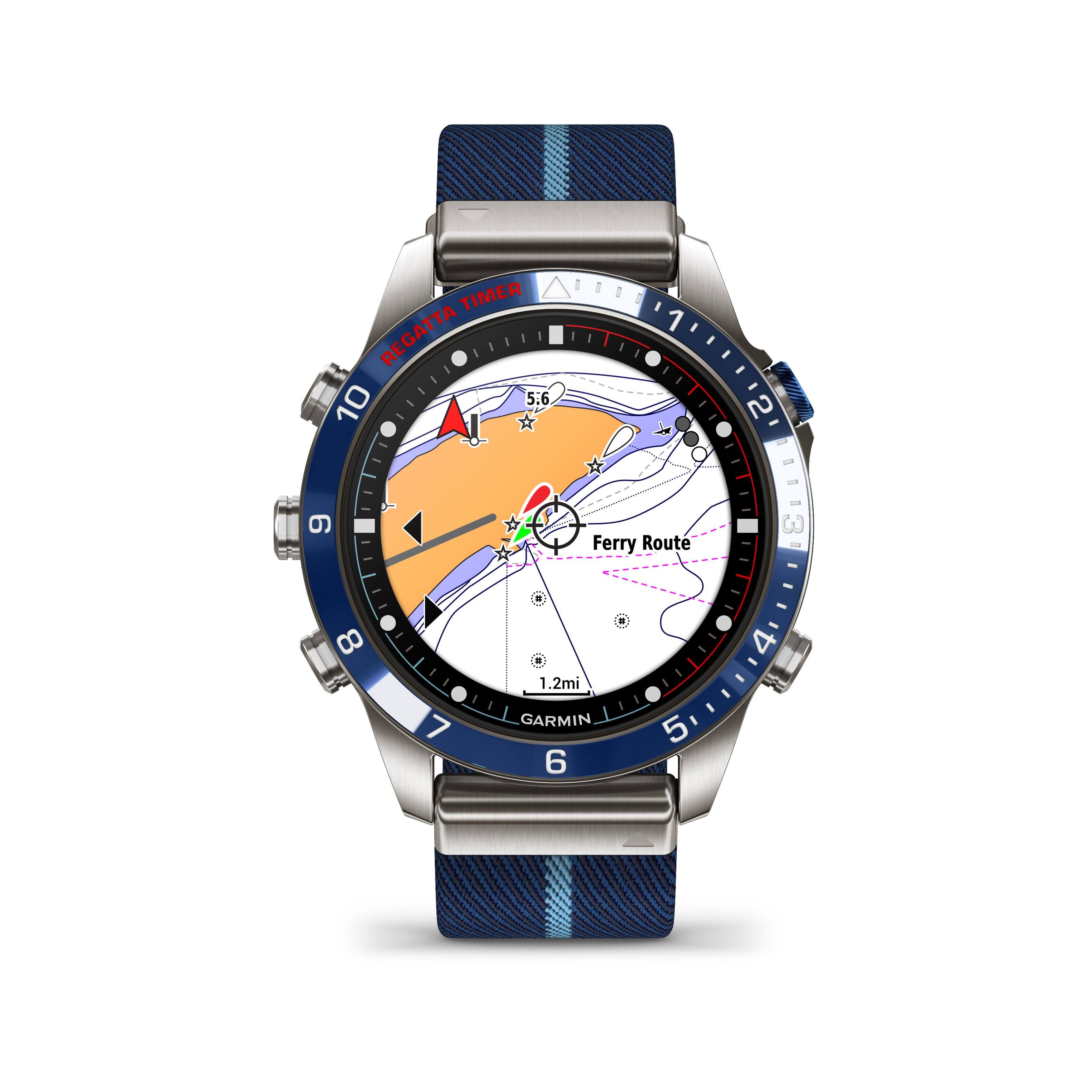 The image features a Garmin watch with a blue band, displaying a map of a ferry route. The watch is set to timer mode and shows the distance to the ferry route as 1.2 miles. The watch face also includes a compass and a timer, making it a versatile and functional device for outdoor activities and navigation.
