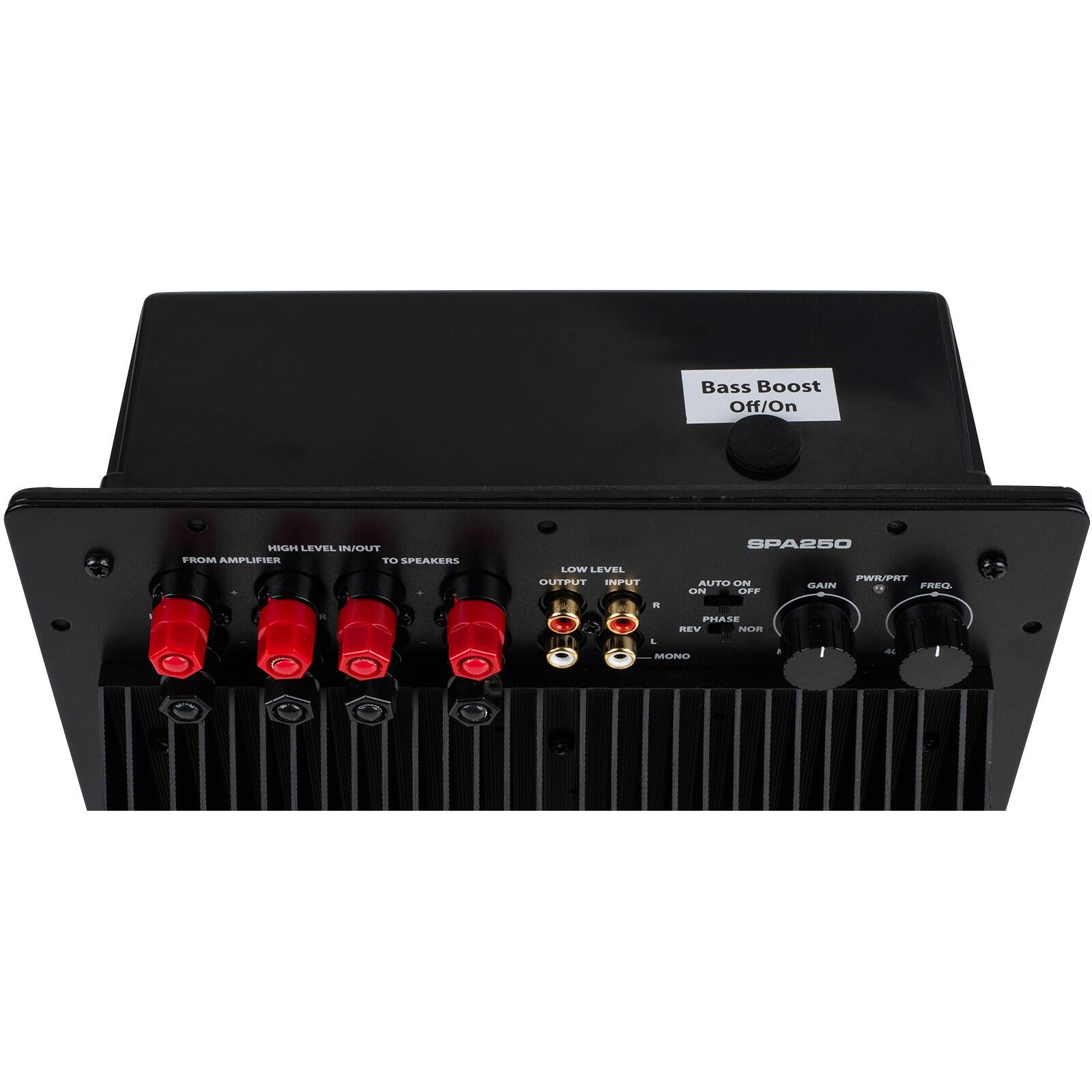 Bass Boost Off/On

HIGH LEVEL IN/OUT FROM AMPLIFIER TO SPEAKERS

LOW LEVEL OUTPUT INPUT

SPA250 PWR/PRT AUTO ON GAIN FREQ ON OFF

R
PHASE REV NOR L MONO
