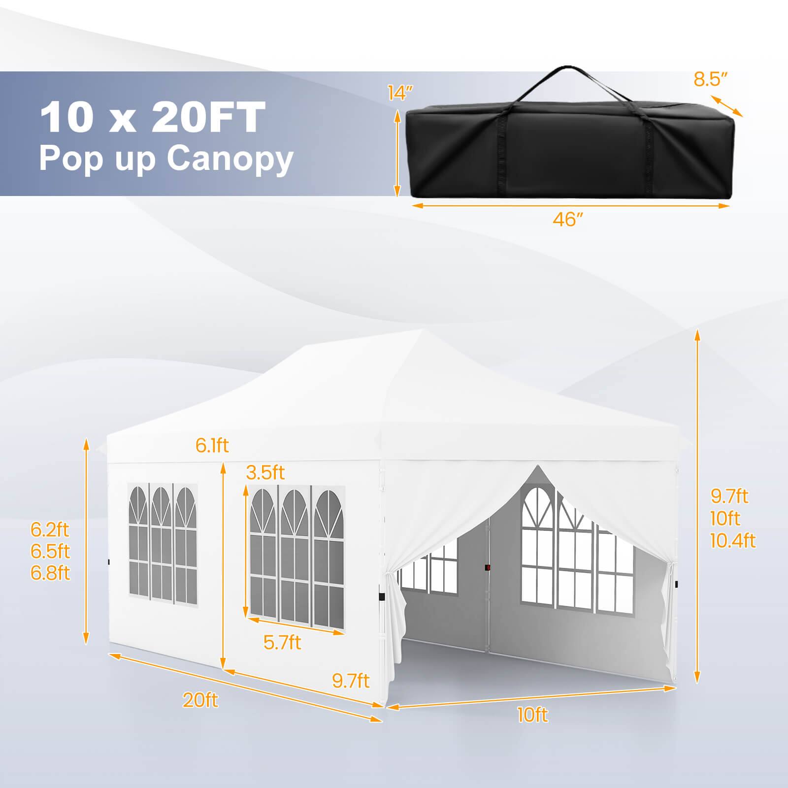 10 x 20FT Pop up Canopy

- 14" x 8.5" x 46"
- 6.2ft, 6.5ft, 6.8ft, 6.1ft, 3.5ft, 5.7ft, 9.7ft, 10ft, 10.4ft, 20ft, 9.7ft, 10ft