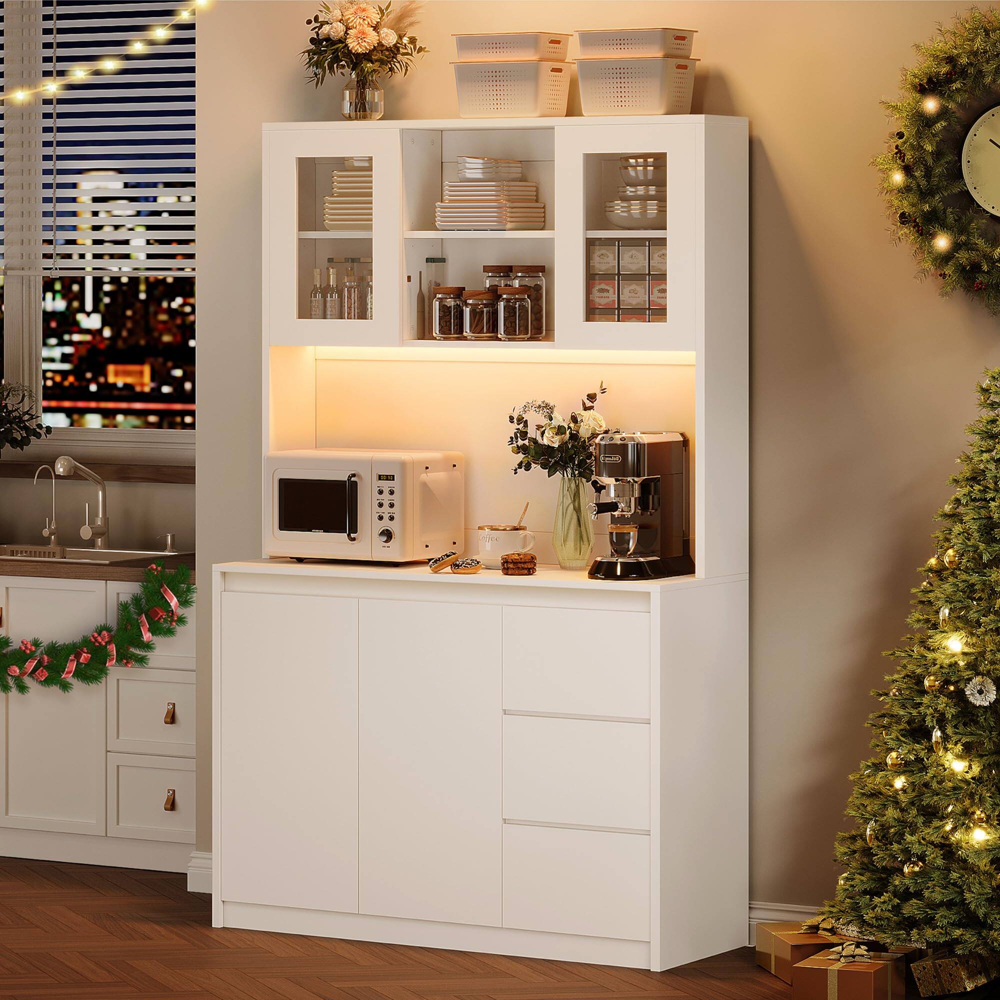 Left. Qeetex - 71" Tall Kitchen Pantry Cabinet with LED Lights & Power Outlets, Modern Storage Hutch with Drawers & Glass Doors - White.