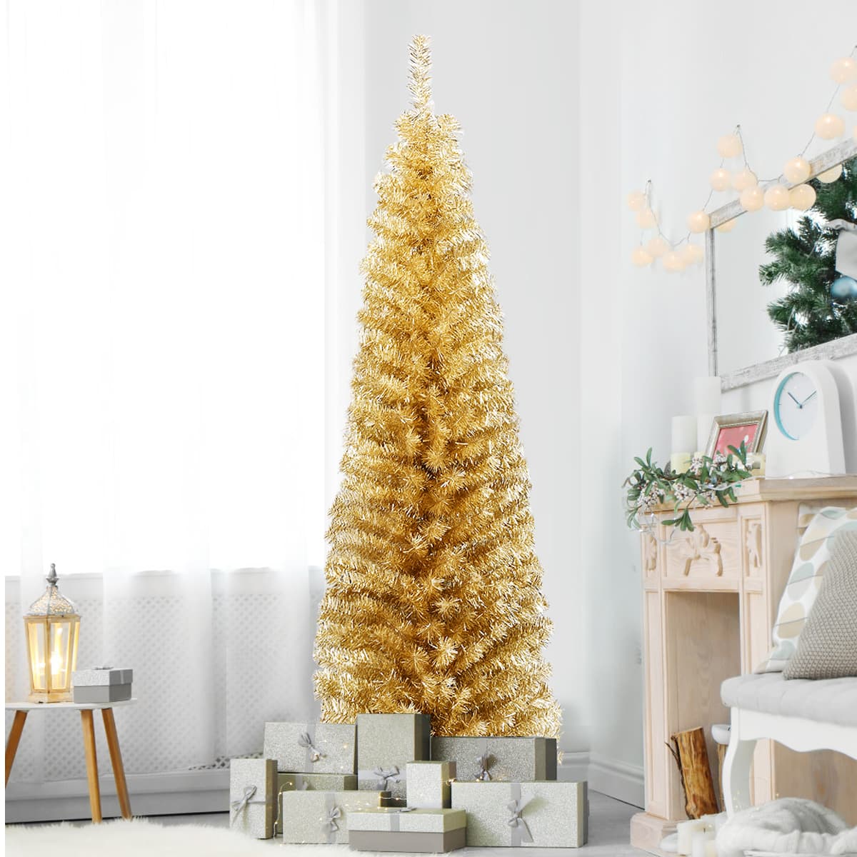 Gymax - 6ft Pencil Artificial Christmas Tree Electroplate Pencil Tree - Champagne