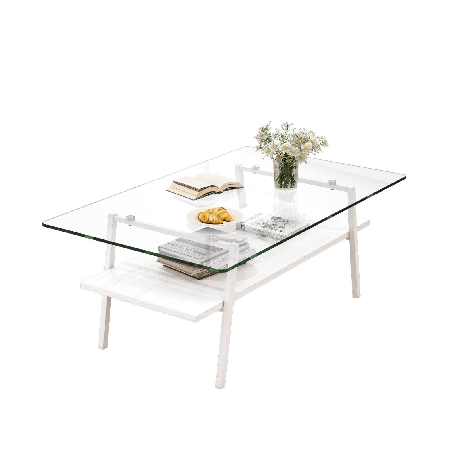 Alt View 7. Ecooso - Rectangle Coffee Table with Tempered Glass top and White Metal Legs, Modern Table for Living Room - Transparent.