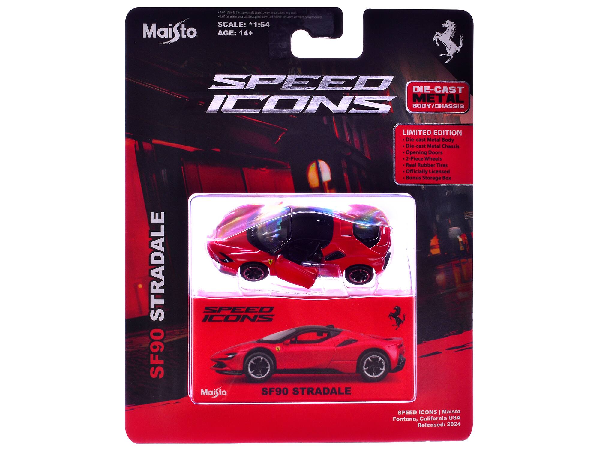 - SCALE: 1:64
- AGE: 14+
- SPEED ICONS
- SF90 STRADALE
- LIMITED EDITION
- DIE-CAST METAL BODY/CHASSIS
- Die-cast Metal Body
- Die-cast Metal Chassis
- Opening Doors
- 2-Piece Wheels
- Real Rubber Tires
- Officially Licensed
- Bonus Storage Box
- Maisto
- Fontana, California USA
- Released: 2024