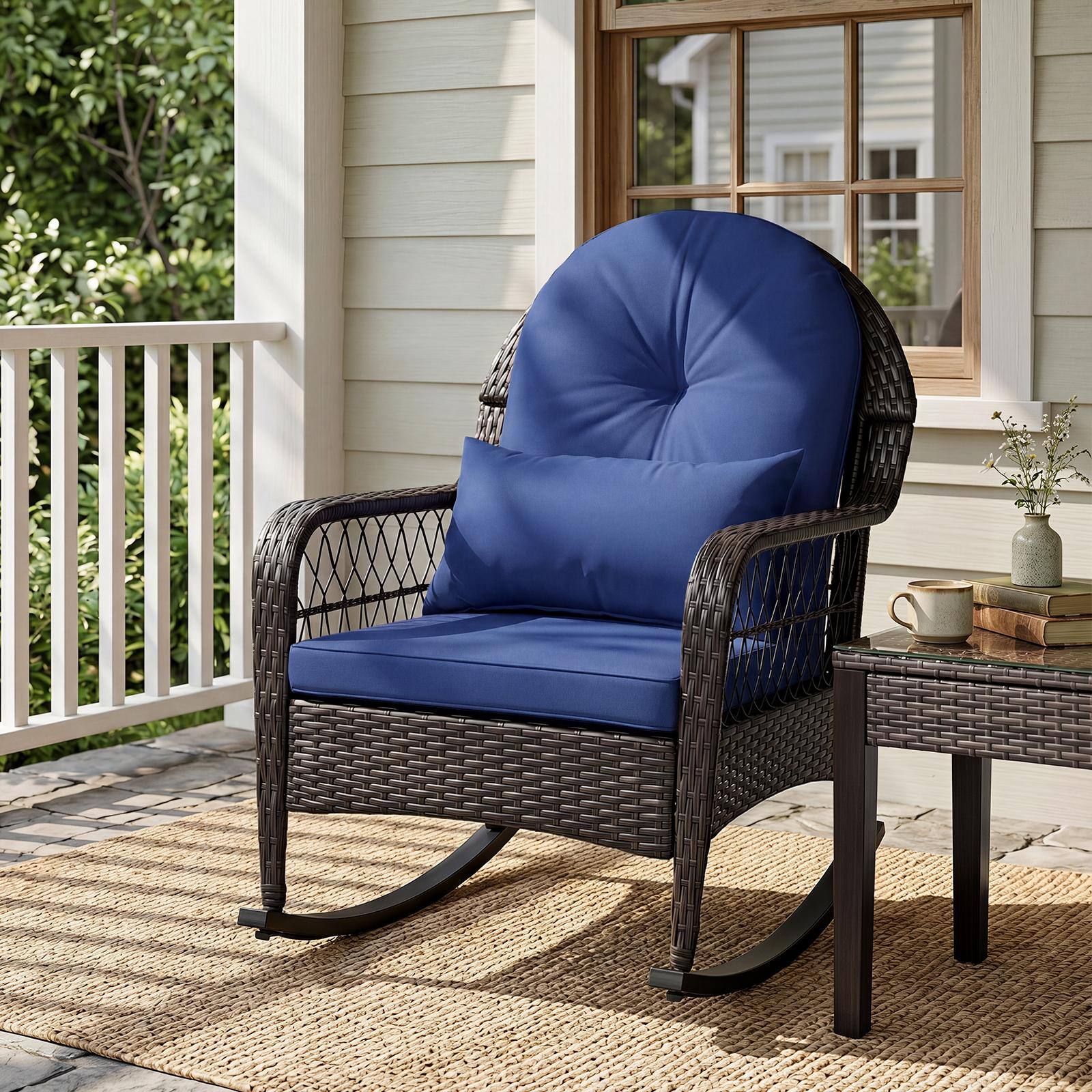 Alt View 1. Costway - Costway 2PCS Outdoor Wicker Rocking Chair, 400 LBS Rattan Rocker Chair with Thick Cushions - Mix Brown + Navy Blue.