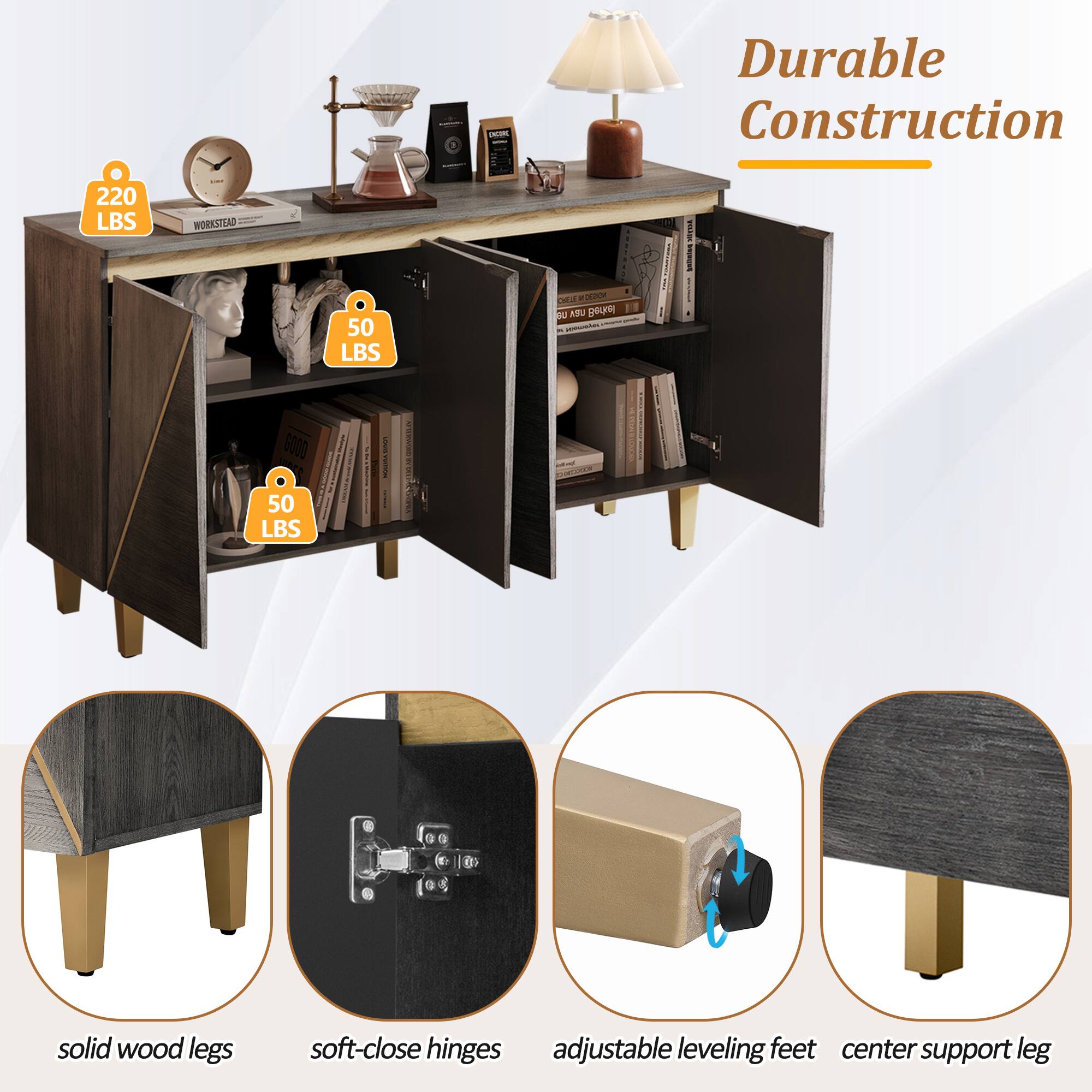 - Durable Construction
  - 220 LBS
  - 50 LBS
  - 50 LBS

- solid wood legs
- soft-close hinges
- adjustable leveling feet
- center support leg