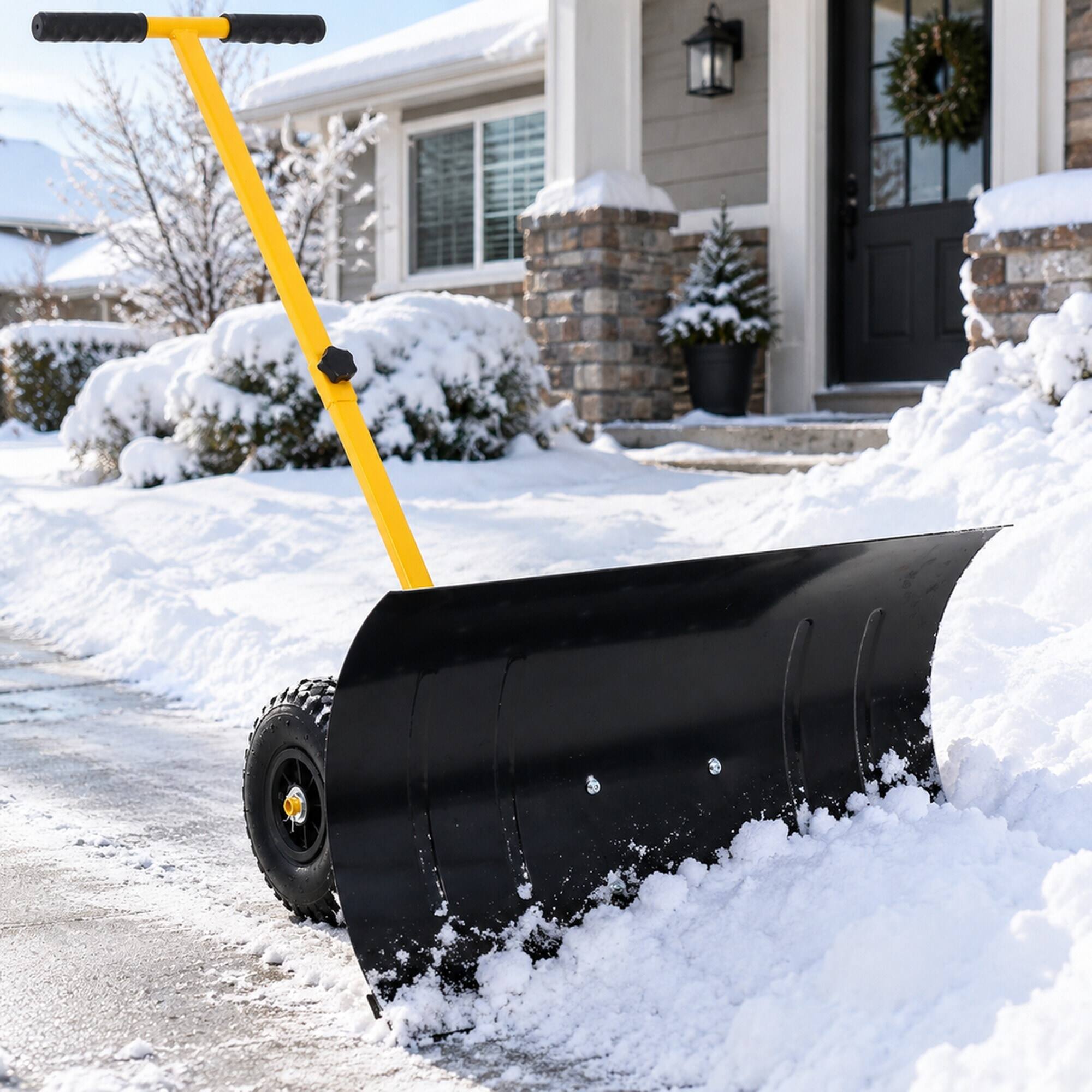 Left. RYHNUYNE - Snow Shovel with Wheels, 29 in Blade, 10 in Rubber Wheels, Adjustable Handle, Yellow - Yellow.