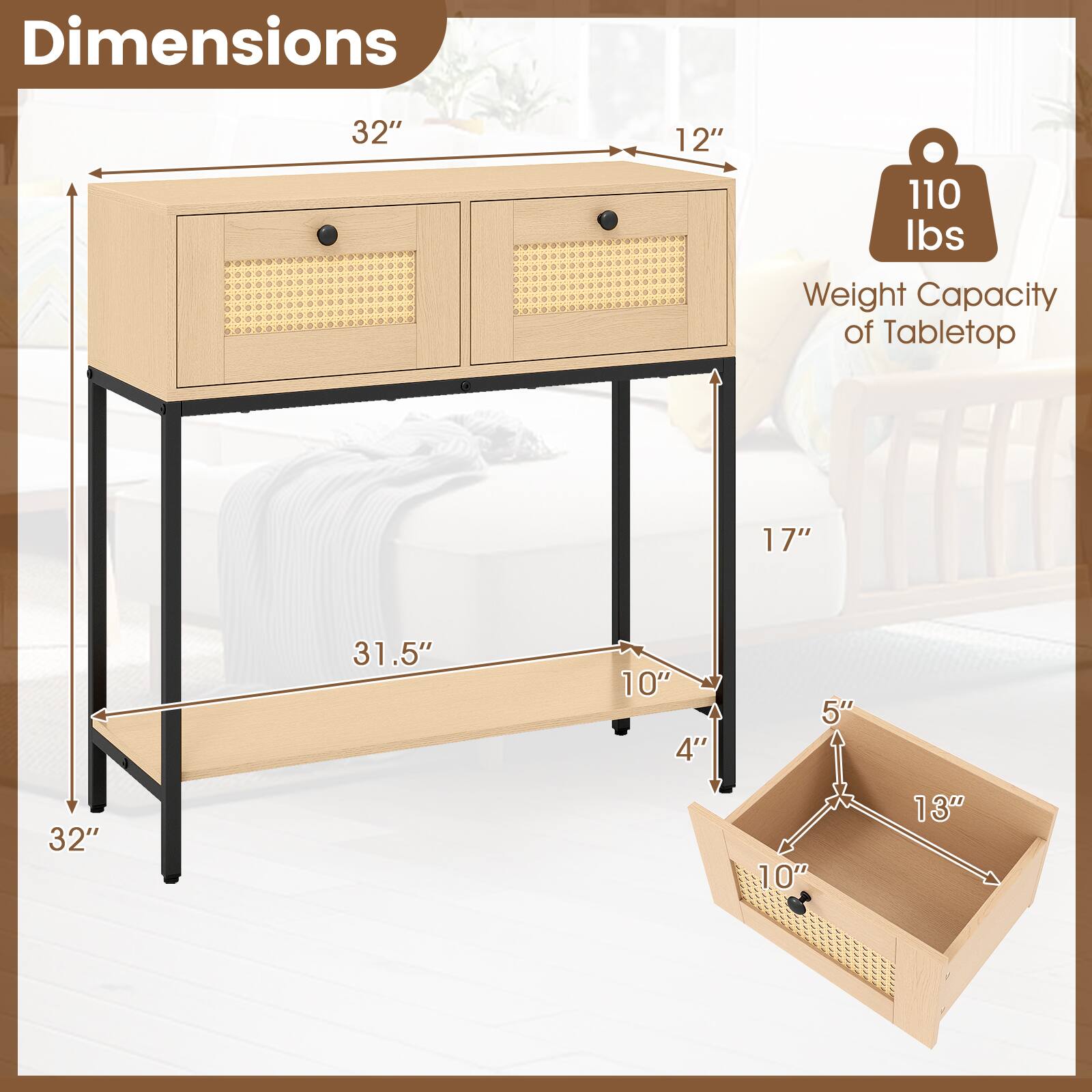 Dimensions: 32" x 12" x 110 lbs  
Weight Capacity of Tabletop: 17" x 31.5" x 10" x 4" x 5" x 32" x 10' x 13"