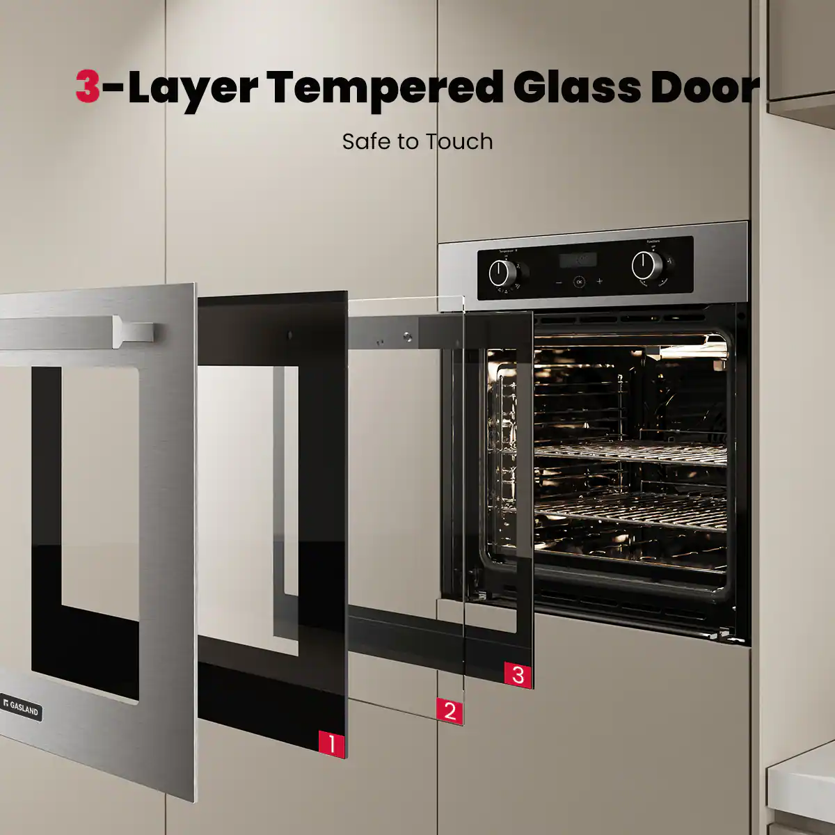 3-Layer Tempered Glass Door  
Safe to Touch  

1  
2  
3  

GASLAND