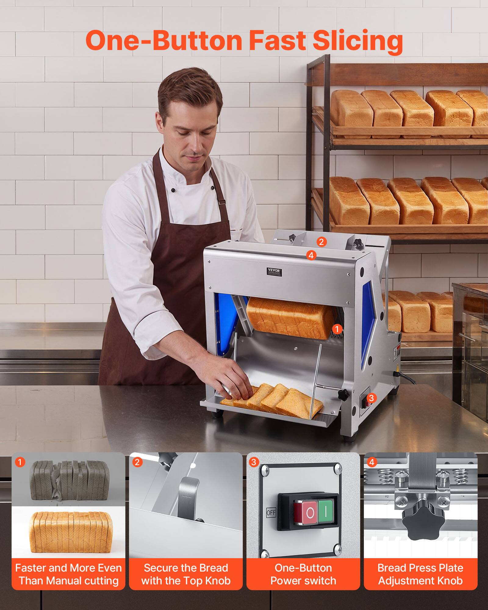 One-Button Fast Slicing

Faster and More Even Than Manual cutting

Secure the Bread with the Top Knob

One-Button Power switch

Bread Press Plate Adjustment Knob