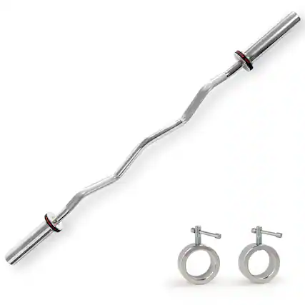 Front. Sunny Health & Fitness - 47” Olympic EZ Curl Bar with Ring Collars - Silver.