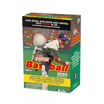 Sure, here is the corrected and grouped text from the image:
---
**Topps Heritage Baseball 2024**
**Ages 6+**
**Find Retail Exclusive and Limited, 1975 Topps in 3D (One Purchase Necessary. Visit Topps.com/MPN for Details and Entry)**
**Look for 1975 Topps & Sensations Platinum Baseball 1975 Zoo's Who Stick-Ons Red (One Purchase Necessary. Visit Topps.com/MPN for Details and Entry)**
**Major League Baseball**
**Officially Licensed Product of MLB Players, Inc.**
**Gerrit Cole New York Yankees**
**2024 Trading Cards**
**Baseball Foilboard**
**Look and Feel Autographs and Relics from Your Favorite Stars and Legends**
**1975's Greatest Players**
**One Purchase Necessary. Visit Topps.com/MPN for Details and Entry**
**Officially Licensed Product of MLB Players, Inc.**
---