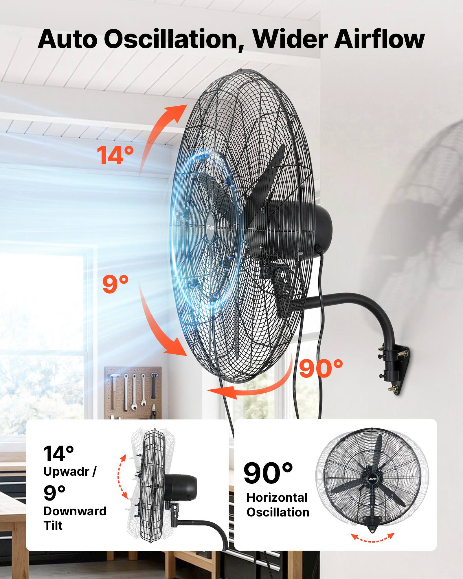 Auto Oscillation, Wider Airflow

14° Upward / 9° Downward Tilt

90° Horizontal Oscillation