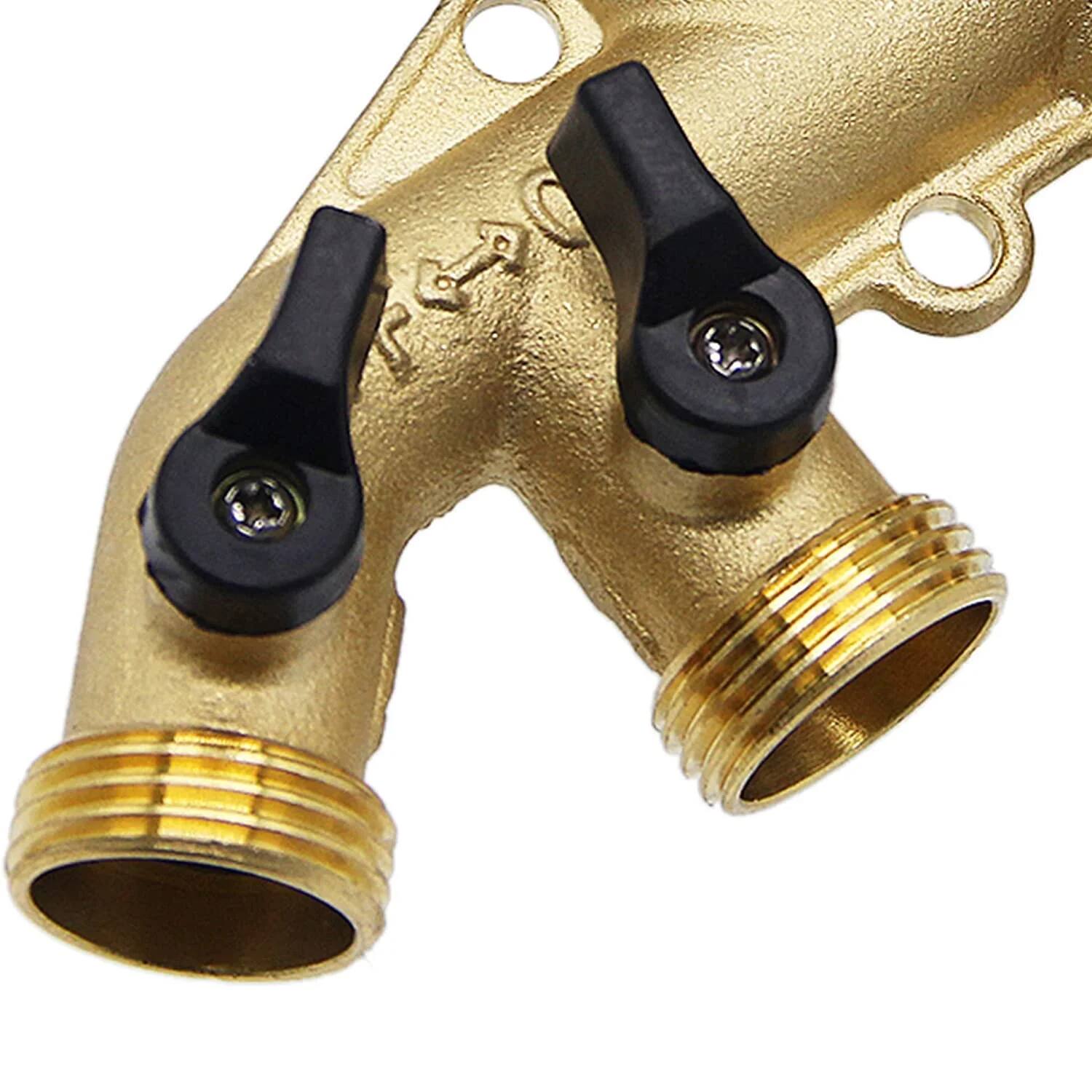 Angle. MOVSSOU - Garden Hose Splitter Solid Brass Spigot Adapter Faucet Manifold with 4 Valves - Gold.