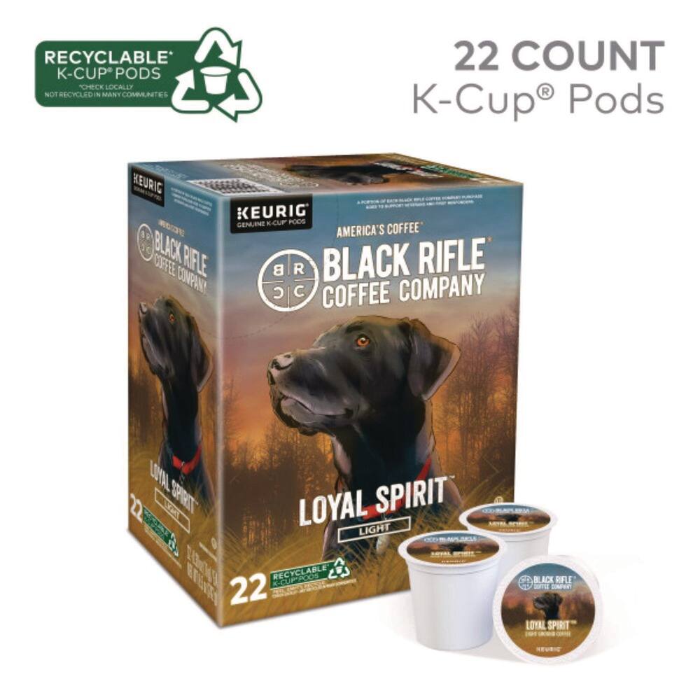 RECYCLABLE K-CUP PODS  
CHECK LOCALLY  
NOT RECYCLED IN MANY COMMUNITIES  

22 COUNT K-Cup® Pods  

AMERICA'S COFFEE  
BLACK RIFLE COFFEE COMPANY  

LOYAL SPIRIT  
LIGHT  

RECYCLABLE K-CUP PODS