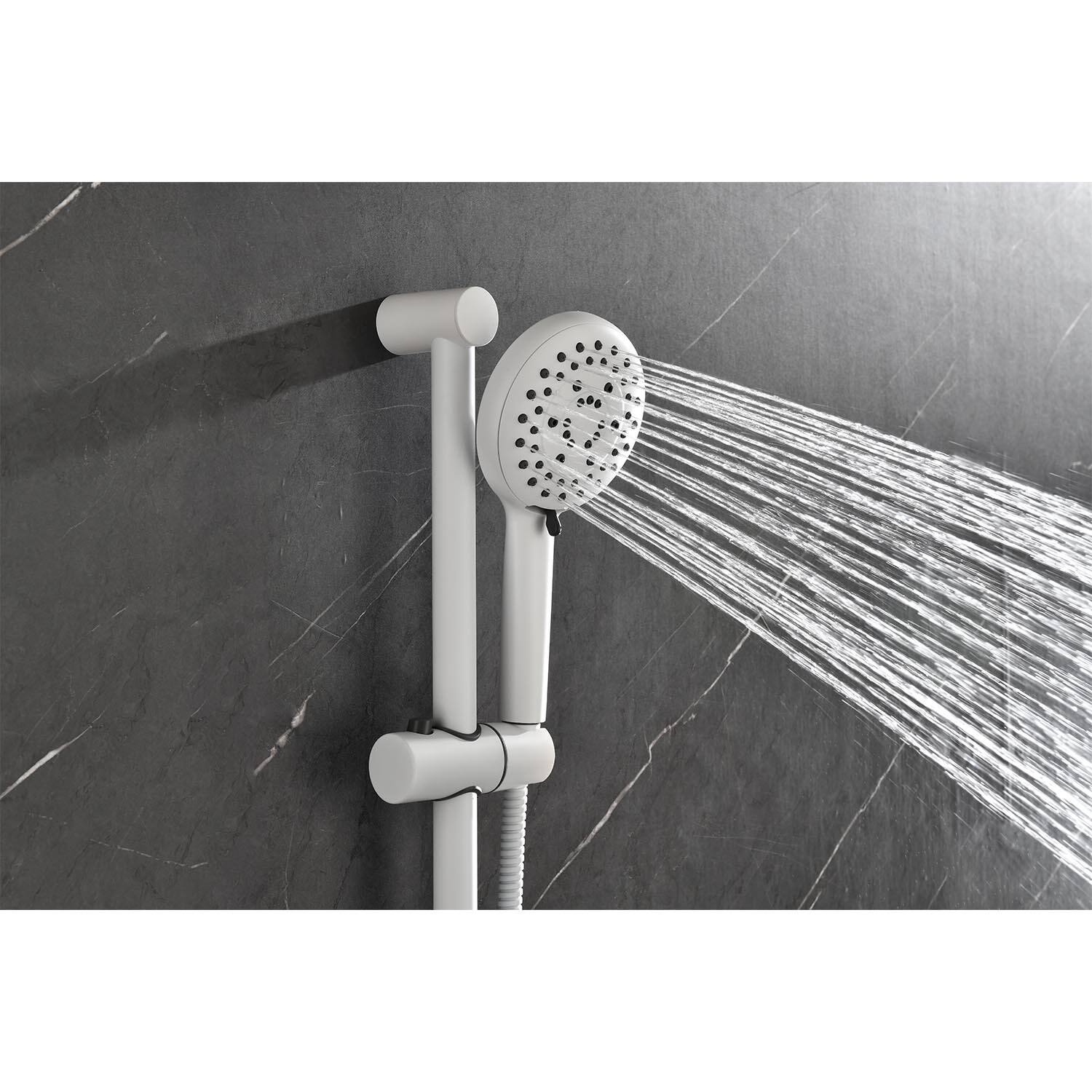 Left. DOMETOUR - 12" Round Rainfall Shower System with Handle Shower and with 3 Body Spray (include Valve) - White.