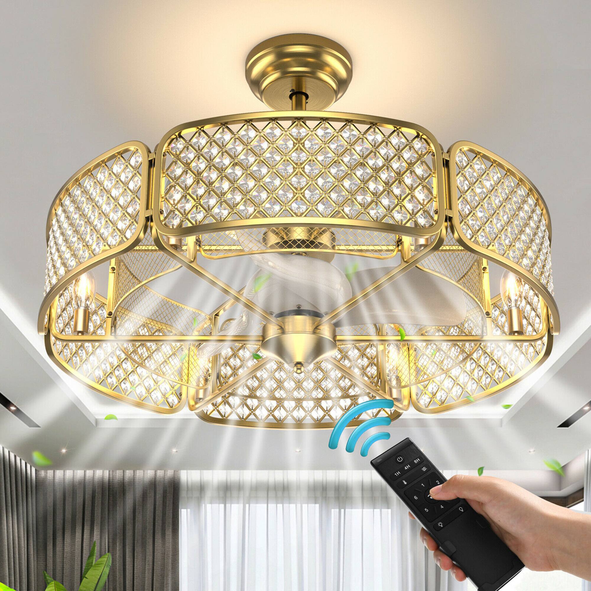 Front. Gymax - Gymax 30'' Caged Ceiling Fan With Light Crystal Lampshade 6 Light Bases Golden - Golden.