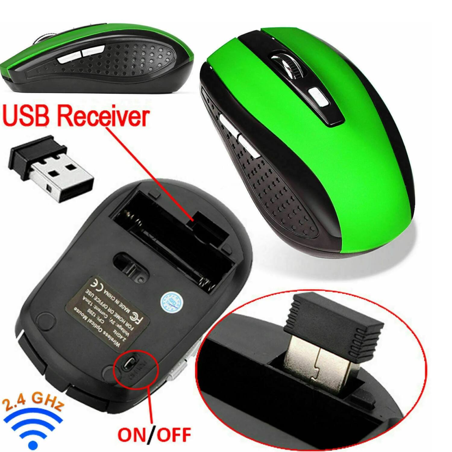 USB Receiver  
2.4 GHz  
ON/OFF  

Made in China  
Current: 13mA  
Voltage: 5V  
Optical Mouse  
CPI: 4500  
Wireless  
FOR HOME  
OFFICE  
PHOFE  
AE  
FC  
Veltage:  
NO  
HOWE