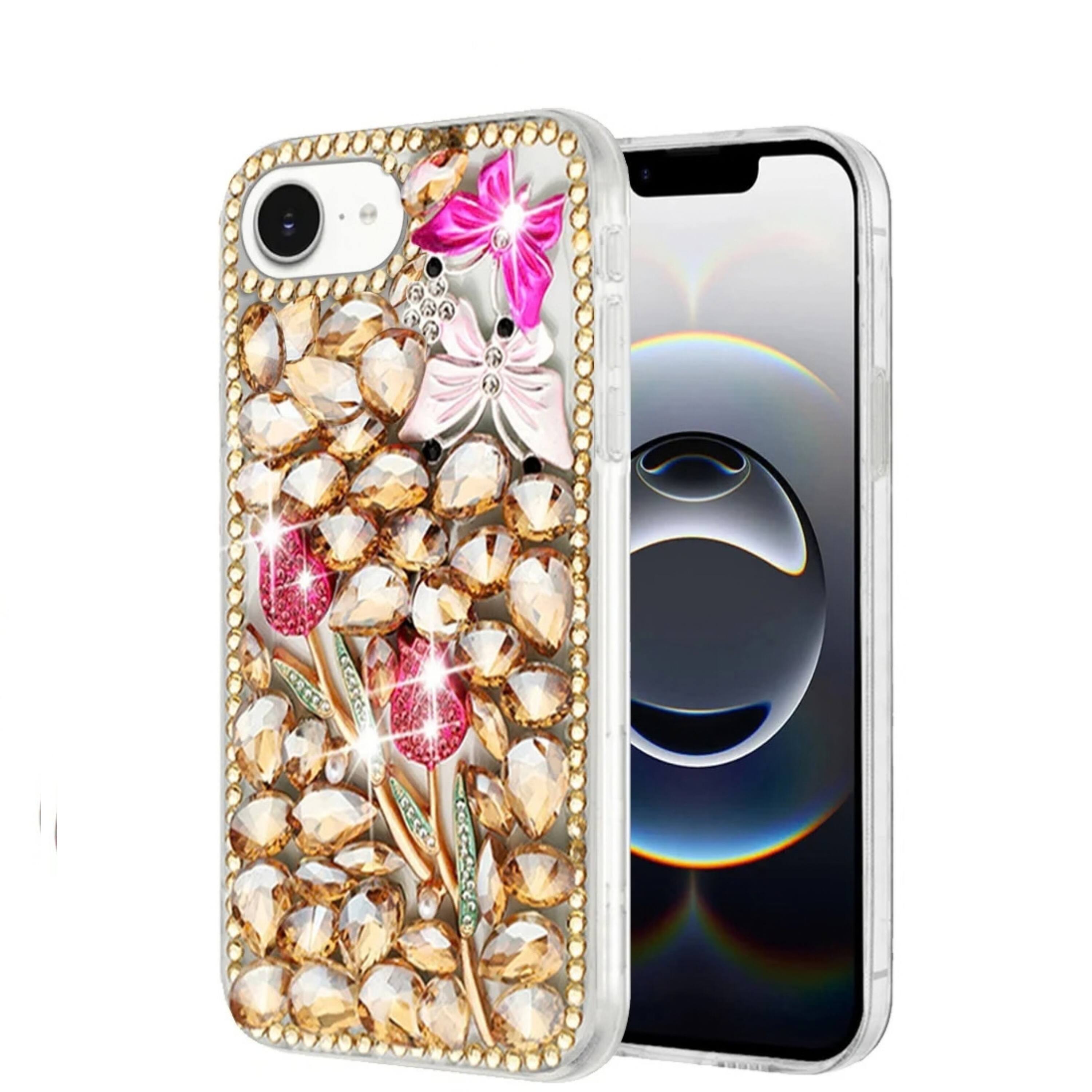 Angle. Kitcheniva - Full Diamond Faux 3D Jewel Phone Case With Tempered Glass For iPhone 16e 17e Gold Garden - Gold.