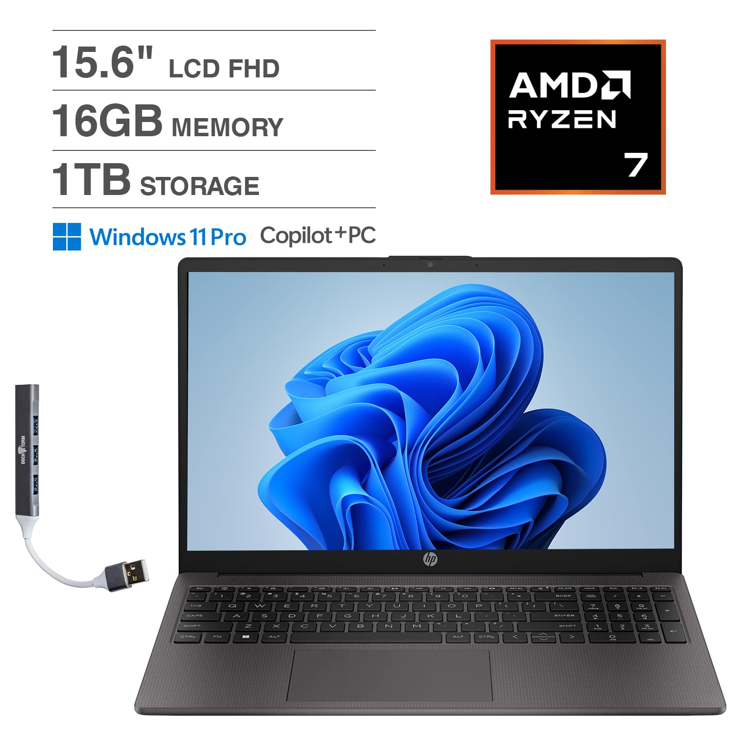 HP - 255R Laptop 15.6 FHD Display (Ryzen 7 7735U, 16GB, 1TB SSD, AMD Radeon, WiFi 6, Webcam, Win 11 Pro) w/USB Hub - Black
