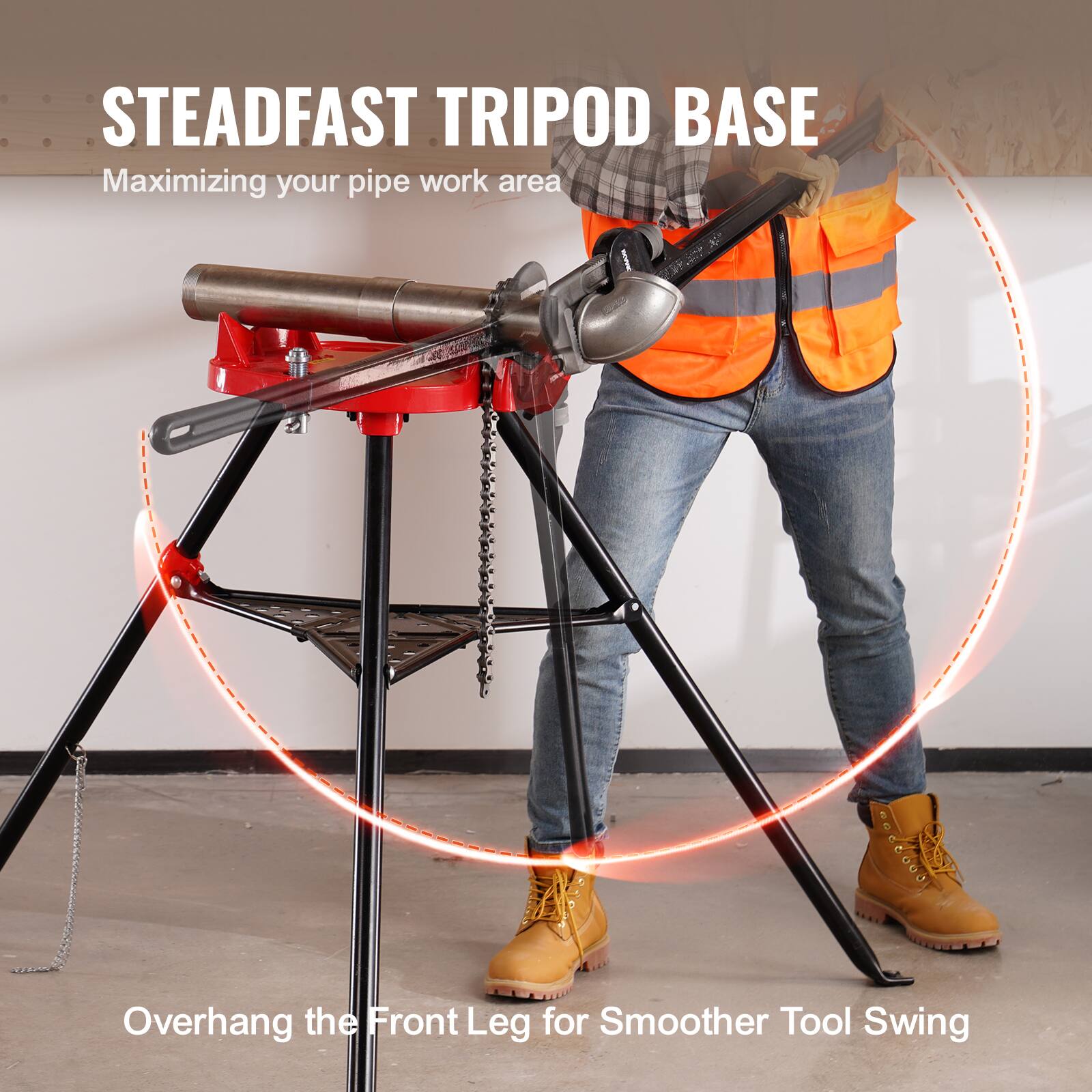 STEADFAST TRIPOD BASE  
Maximizing your pipe work area  
Overhang the Front Leg for Smoother Tool Swing