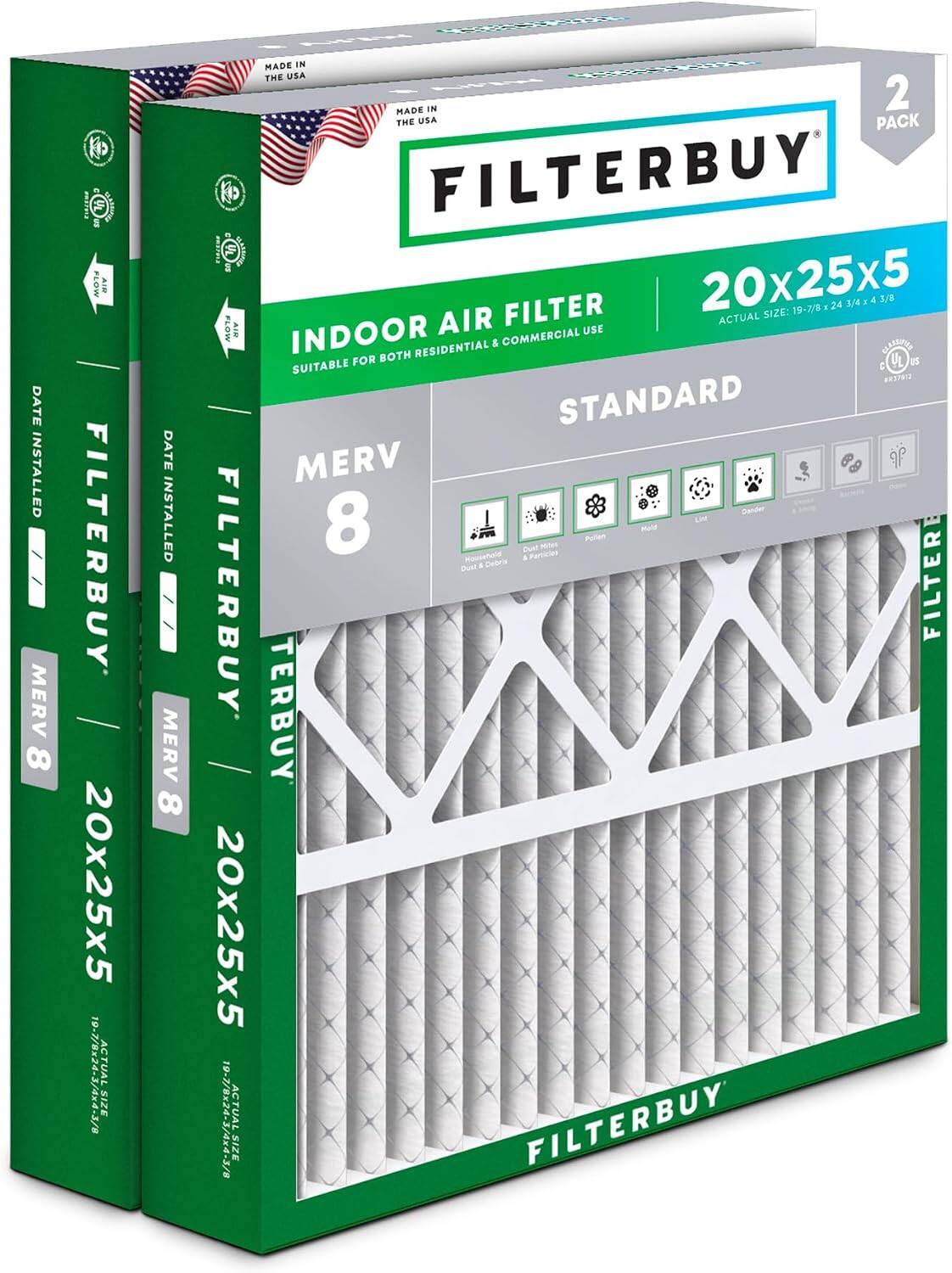 Filterbuy - 20x25x5 MERV 8 Dust & Allergy Defense, Pleated HVAC AC Furnace Air Filters Replacement for Honeywell & Lennox (2-Pack) - Silver
