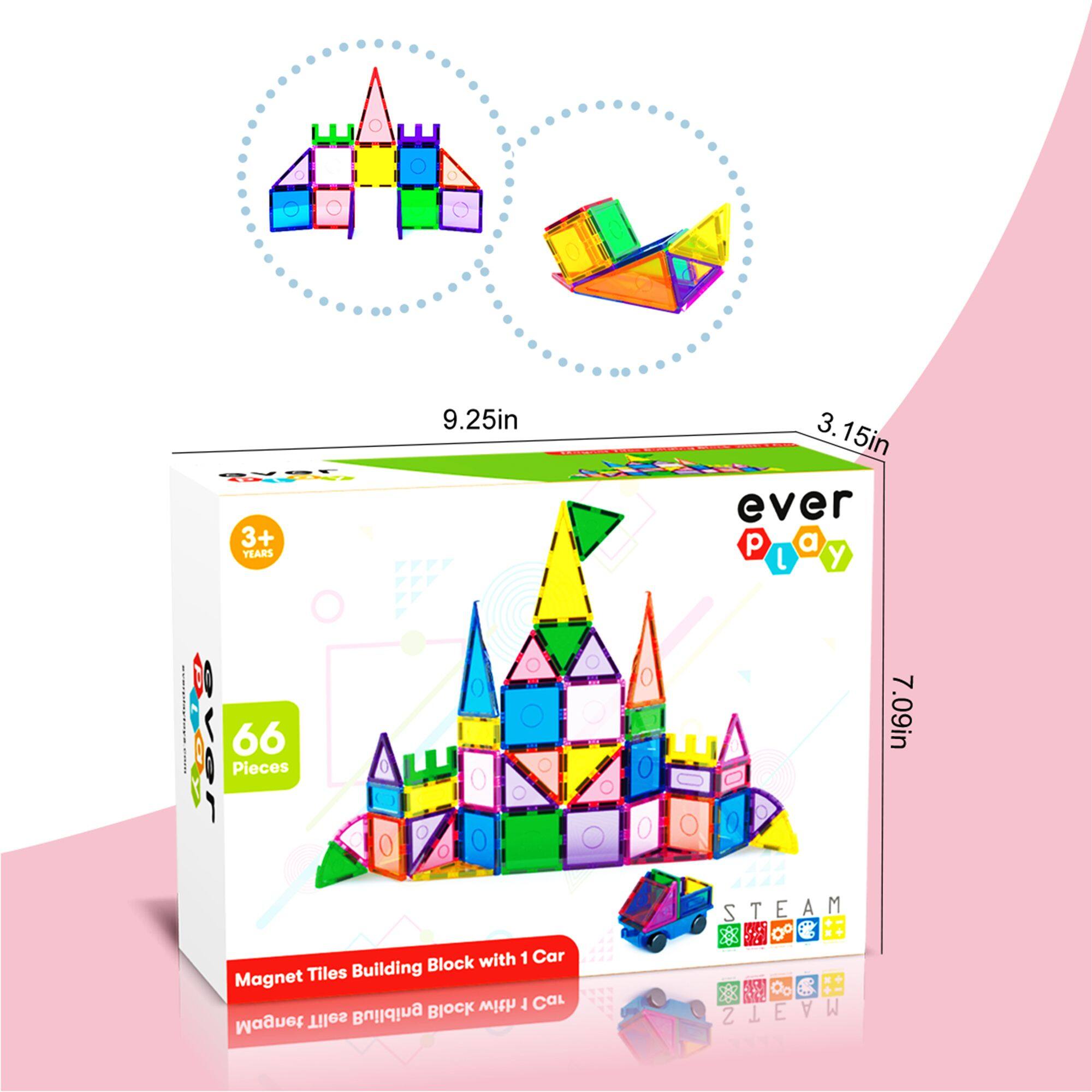9.25in --R TN 3+ TEARS | : | 66 I OVOr Pieces Block with 1 Car Magnet Tiles Building Block with 1 Car Magnet Tiles Building 3.15in ever p a L y 7 7.09in STEAM S T E A M & 2 E A