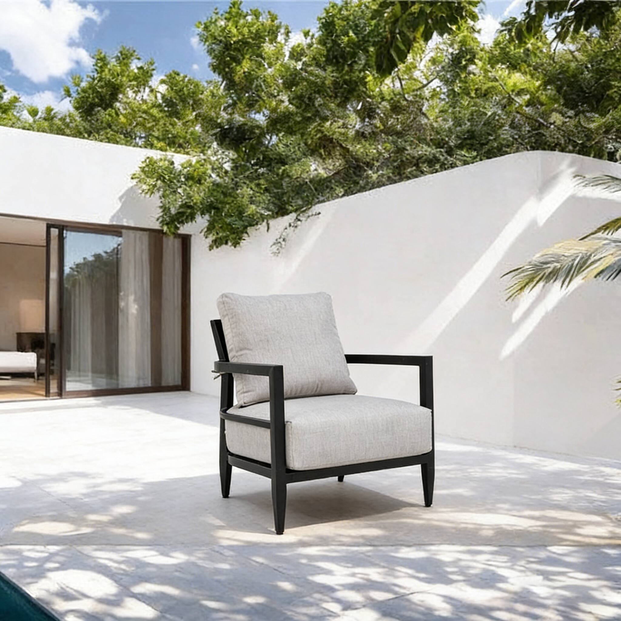 Angle. Mondawe - Outdoor Fully Weld Club Chair with Premium Aluminum Frame and Sunbrella Cushion - Ember Black+Grey.