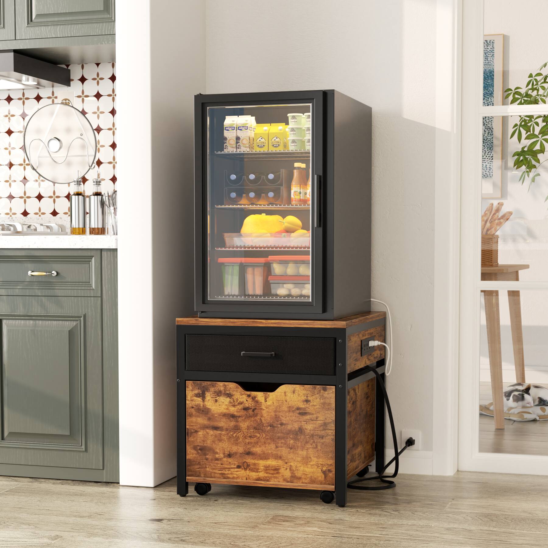 Back. Aheaplus - Rolling Mini Fridge & Microwave Stand with Drawer, Outlets - Heavy Duty for Dorm, Office & Apartment - Rustic Brown.