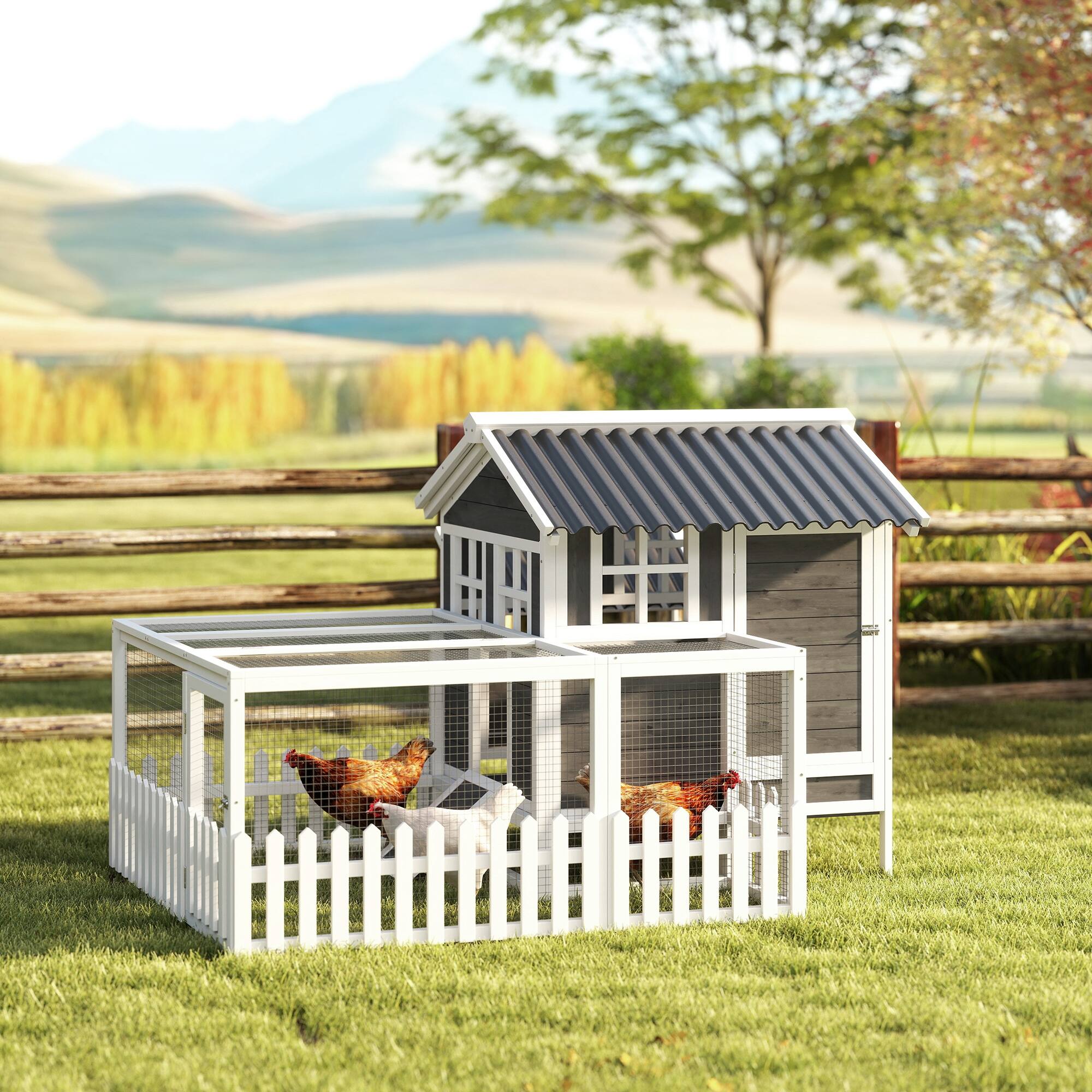Angle. Pawhut - 68" x 59" x 42" Gray Wooden Chicken Coop with Run, Nesting Box, Removable Tray & Fence for 1-2 Chickens.
