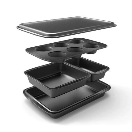 Front. Baker's Secret - Baker's Secret Non-stick Set of 5 Pans 15.16" x2.91"x10.63" Essentials Line Carbon Steel - Dark Grey.
