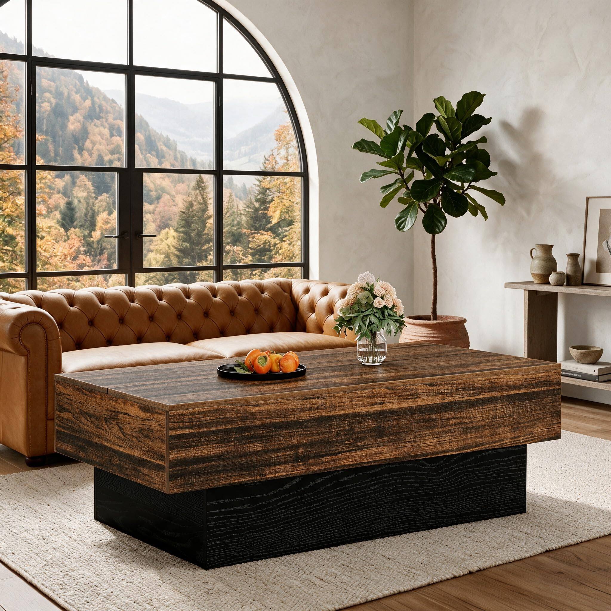 Alt View 1. Tribesigns - 55" Large Rectangle Coffee Table for Living Room - Brown & Black.