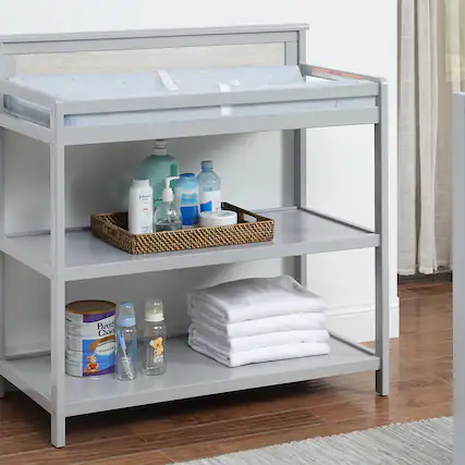 Front. GOODSILO - Modern Wooden Baby Changing Table with Safety Rails and Dual Storage Shelves for Nursery Organization - Grey.