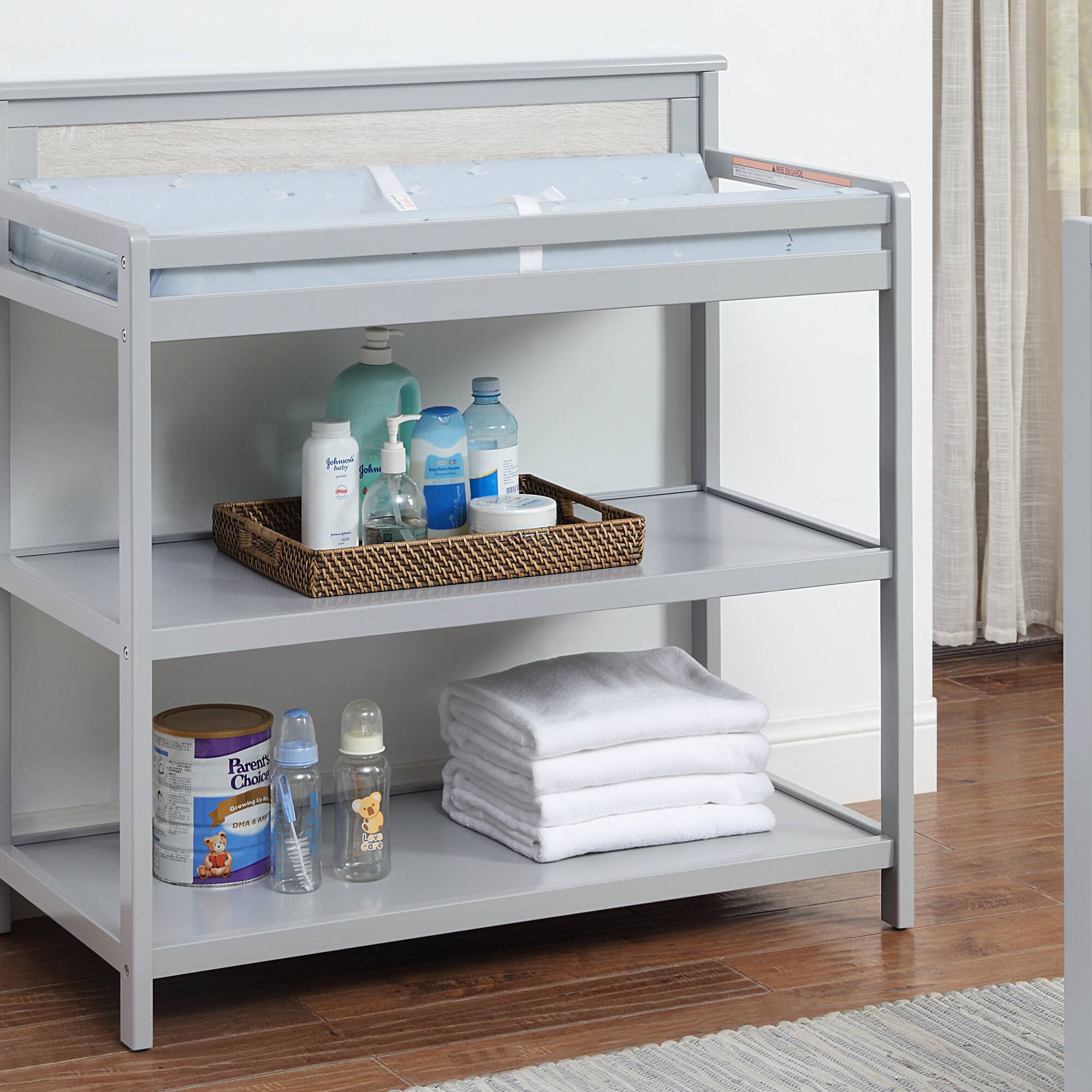 Front. GOODSILO - Modern Wooden Baby Changing Table with Safety Rails and Dual Storage Shelves for Nursery Organization - Grey.