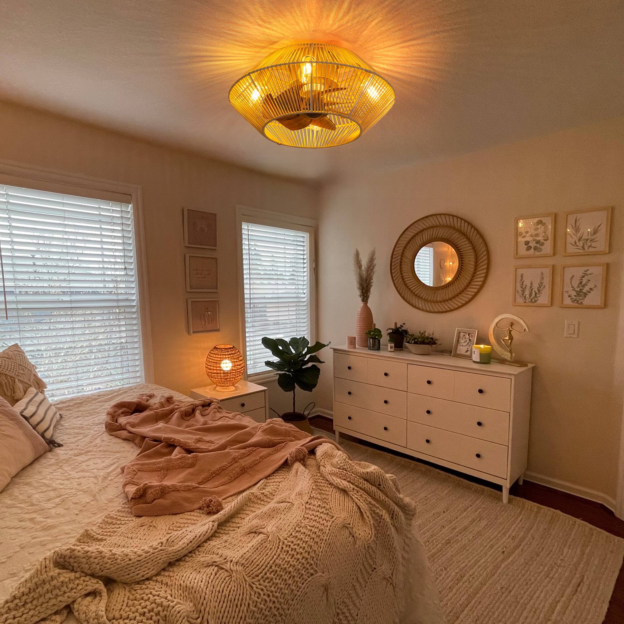 Alt View 2. Breezary - 19" Indoor Caged Rattan Ceiling Fan with LED Light, 7 ABS Blades, 6-Speed, DC Motor, Remote Control with Timer - Gold and Dark Wood Grain.