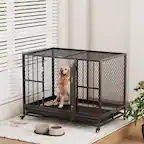 Front. U-HOMY - Heavy Duty Dog Crate Furniture with Metal Mesh, Removable Tray & Lockable Wheels for Medium and Large Dogs.