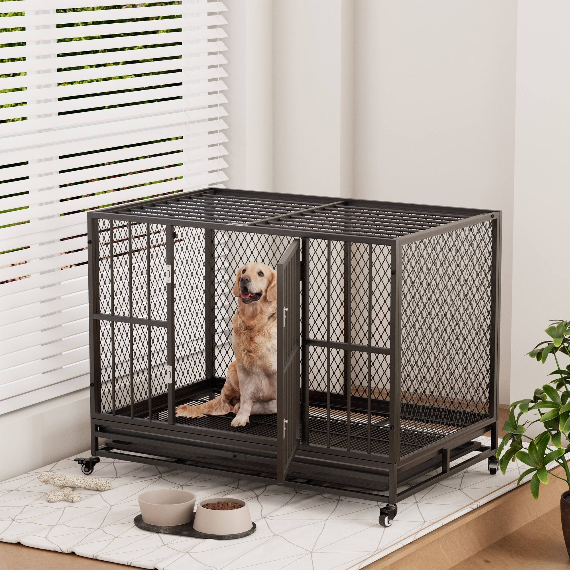U-HOMY - Heavy Duty Dog Crate Furniture with Metal Mesh, Removable Tray & Lockable Wheels for Medium and Large Dogs